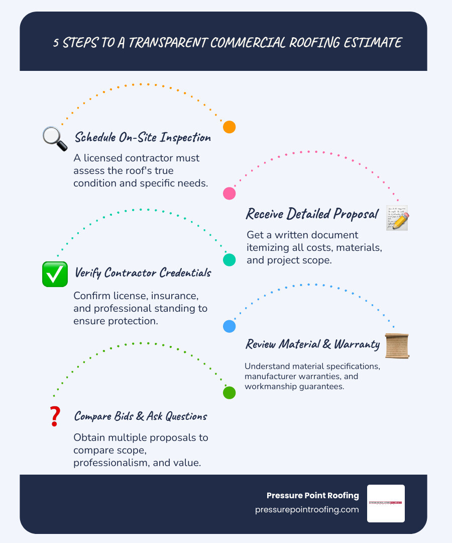 Infographic showing 5 key steps to a transparent commercial roofing estimate: 1. Schedule on-site inspection with licensed contractor, 2. Receive detailed written proposal with itemized costs, 3. Verify contractor credentials and insurance, 4. Review material specs and warranty coverage, 5. Compare multiple bids and ask questions - commercial roofing estimates in eagle point, or infographic infographic-line-5-steps-blues-accent_colors