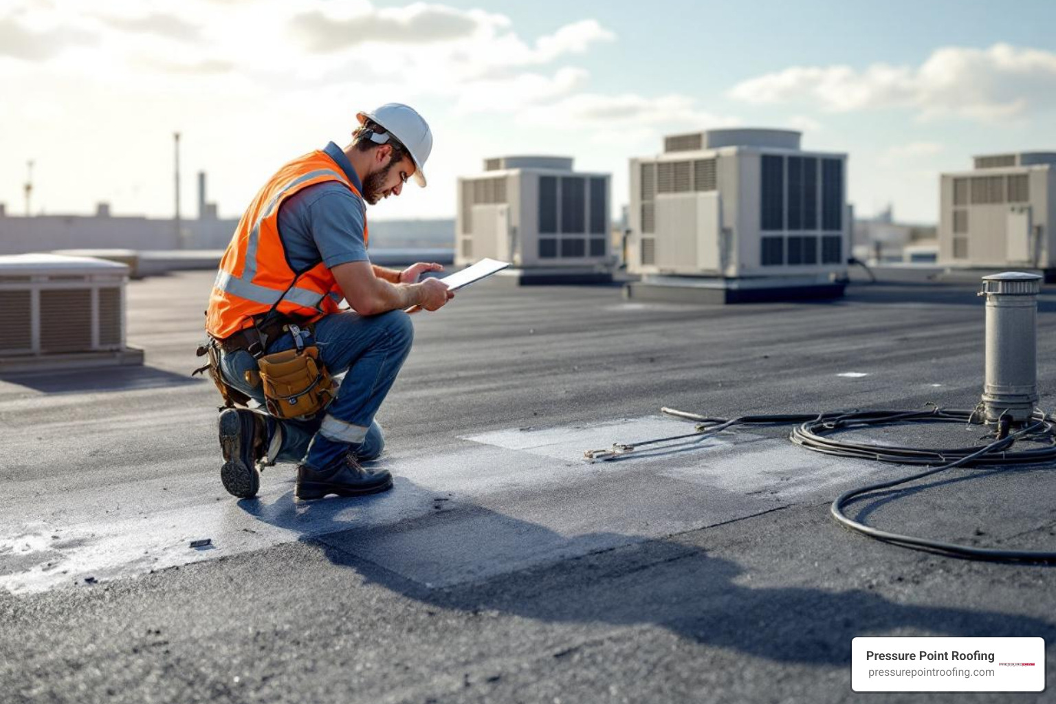 roofer inspecting large flat commercial roof - commercial roofing estimates in eagle point, or