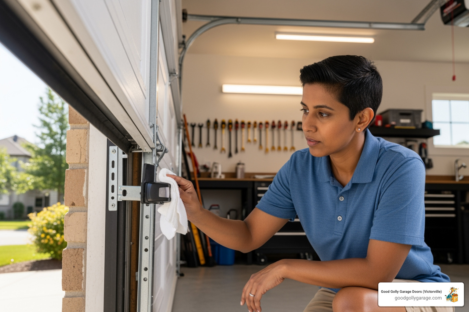 homeowner safely wiping a garage door safety sensor with a cloth - Why Is My Broken Garage Door In Hesperia CA homeowner safely wiping a garage door safety sensor with a cloth - Why Is My Broken Garage Door In Hesperia CA