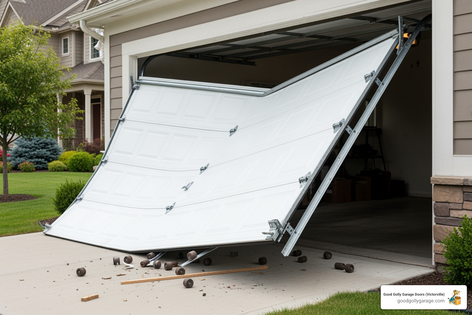 a garage door that has fallen completely off its tracks - Why Is My Broken Garage Door In Hesperia CA a garage door that has fallen completely off its tracks - Why Is My Broken Garage Door In Hesperia CA