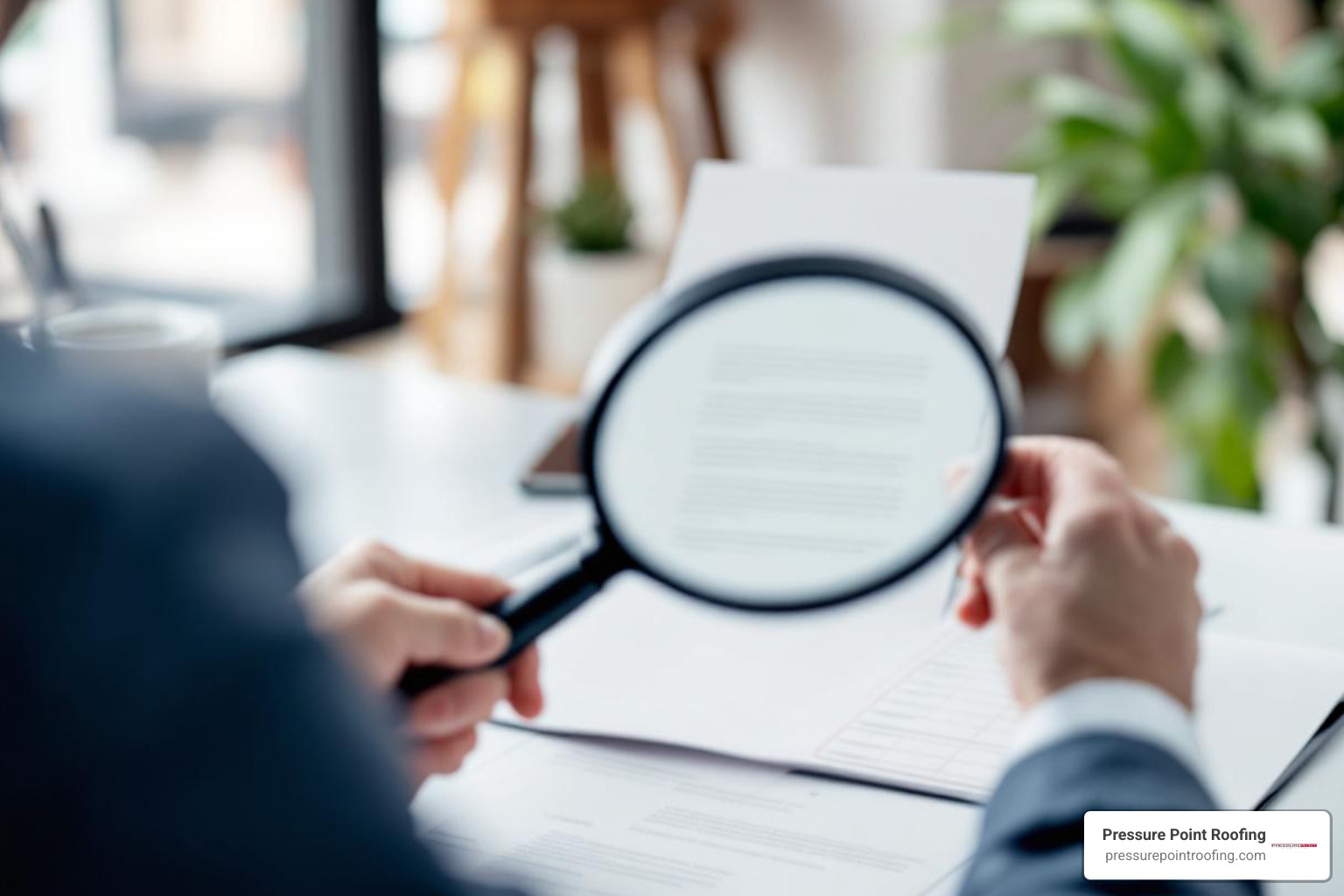 person reading document with magnifying glass - commercial roofing estimates in eagle point, or