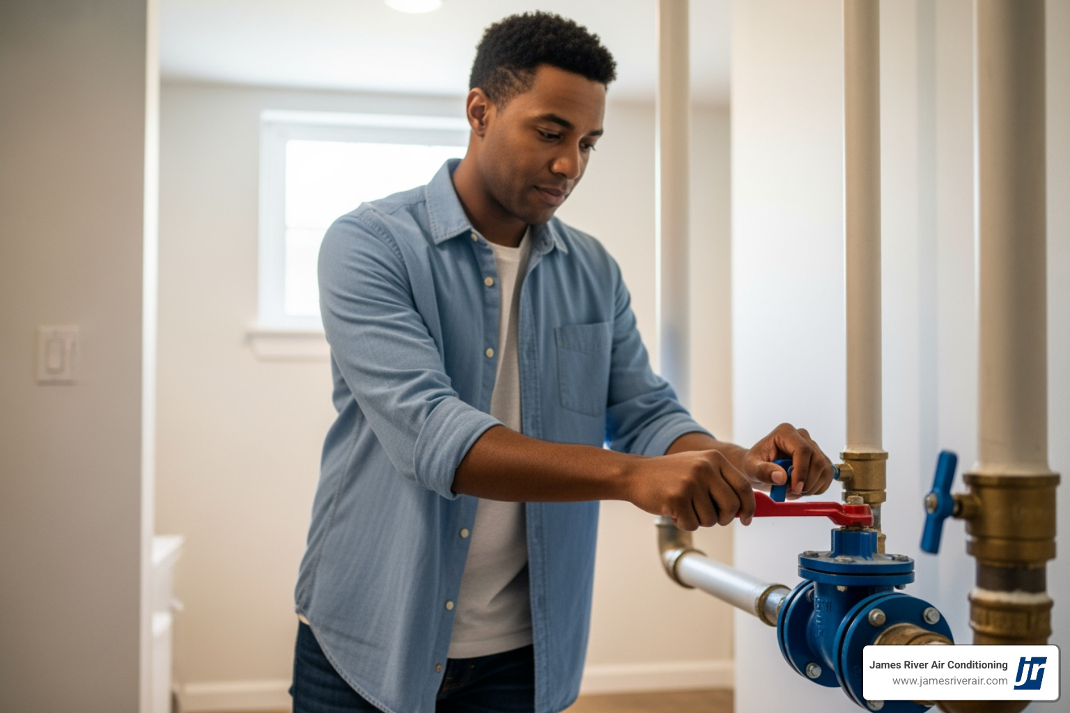 homeowner turning the main water shut-off valve - emergency plumbing repair in manakin-sabot, va homeowner turning the main water shut-off valve - emergency plumbing repair in manakin-sabot, va