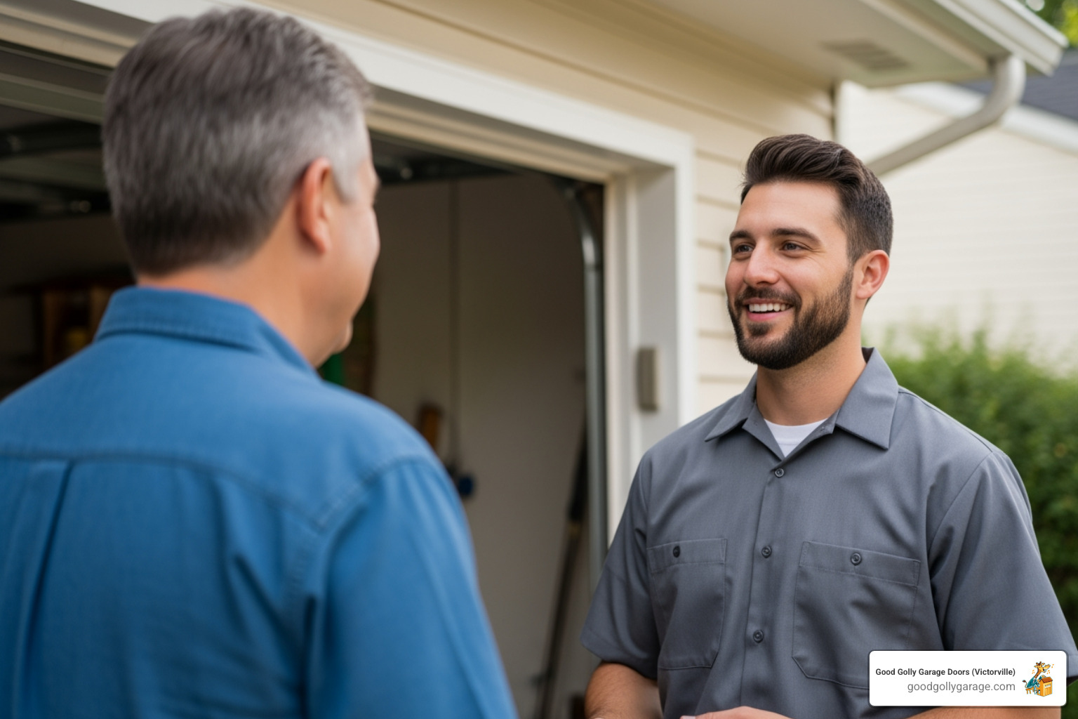 friendly professional technician talking to a homeowner in front of a repaired garage door - Why Is My Broken Garage Door In Hesperia CA friendly professional technician talking to a homeowner in front of a repaired garage door - Why Is My Broken Garage Door In Hesperia CA