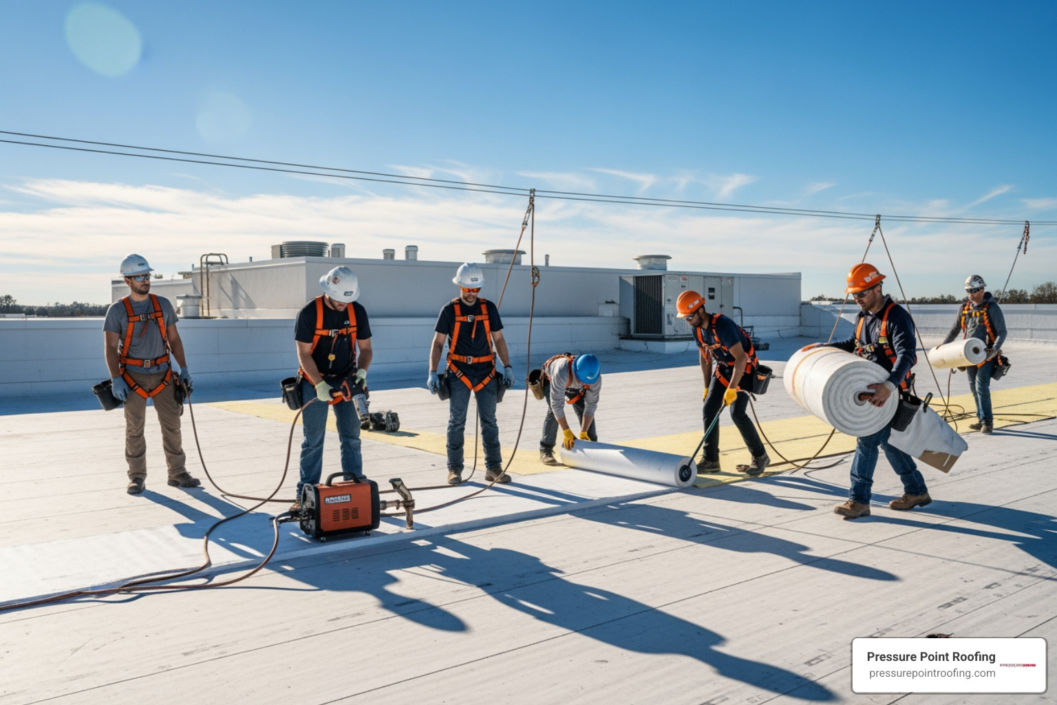 professional roofing team working on a commercial roof - affordable commercial roofing in eagle point, or