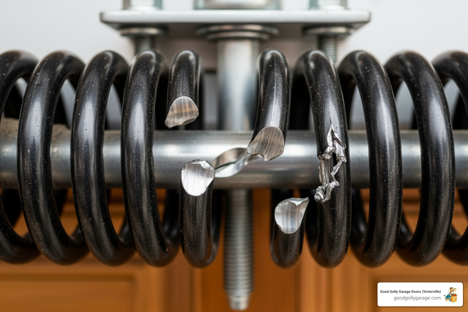 A broken high-tension torsion spring above a garage door - emergency broken garage door in helendale ca A broken high-tension torsion spring above a garage door - emergency broken garage door in helendale ca