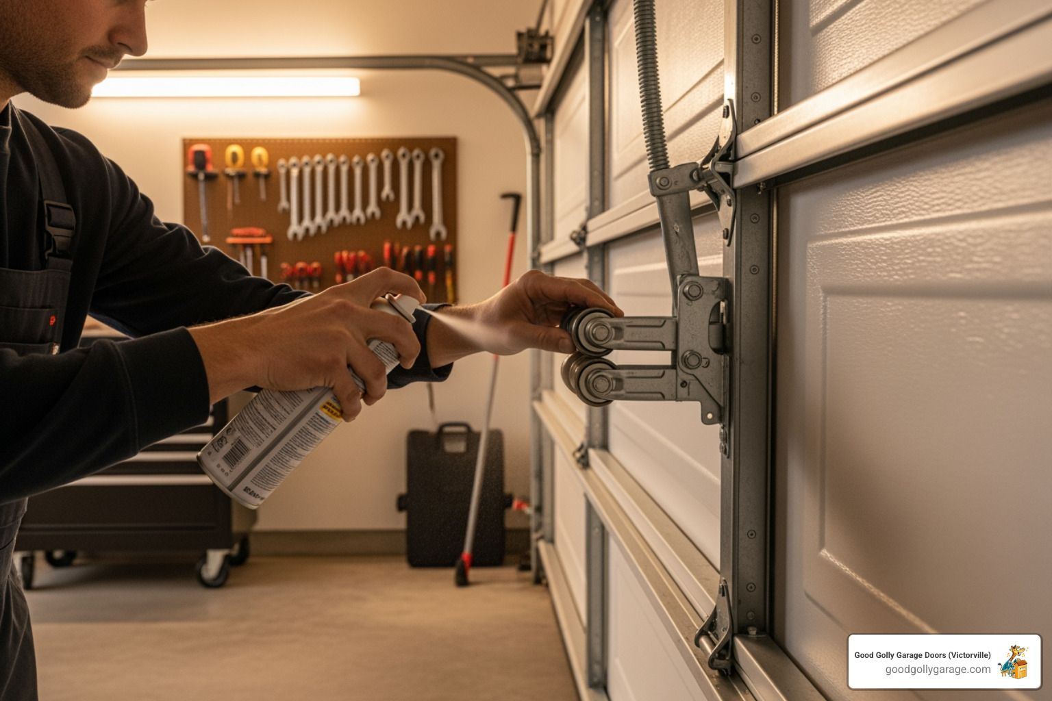 A homeowner lubricating garage door rollers with a spray can - emergency broken garage door in helendale ca A homeowner lubricating garage door rollers with a spray can - emergency broken garage door in helendale ca