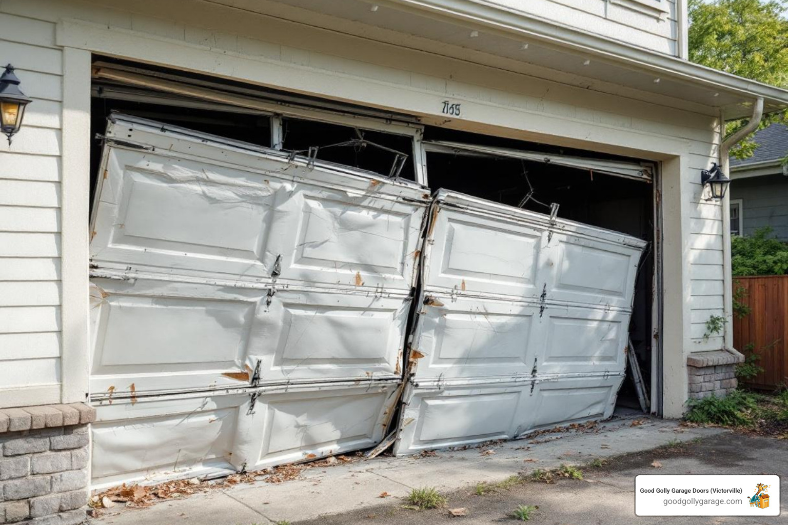 A garage door that has come completely off its tracks - emergency broken garage door in helendale ca A garage door that has come completely off its tracks - emergency broken garage door in helendale ca
