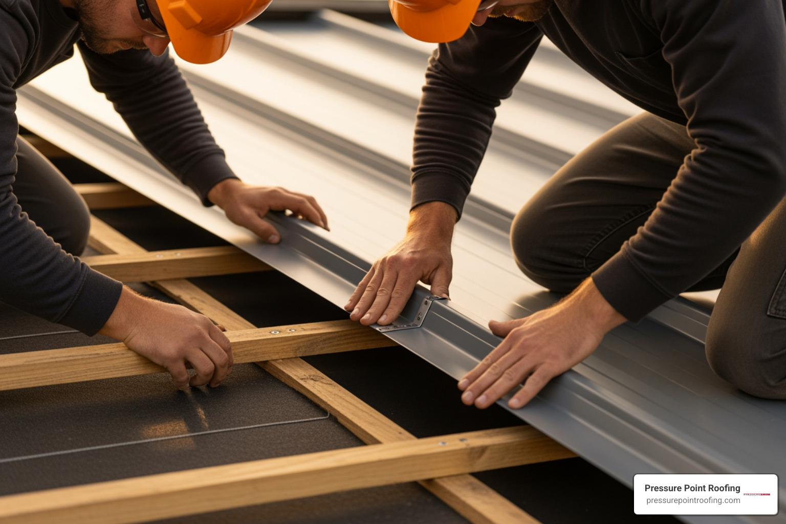roofers carefully installing a standing seam metal panel - metal roofing in phoenix, or