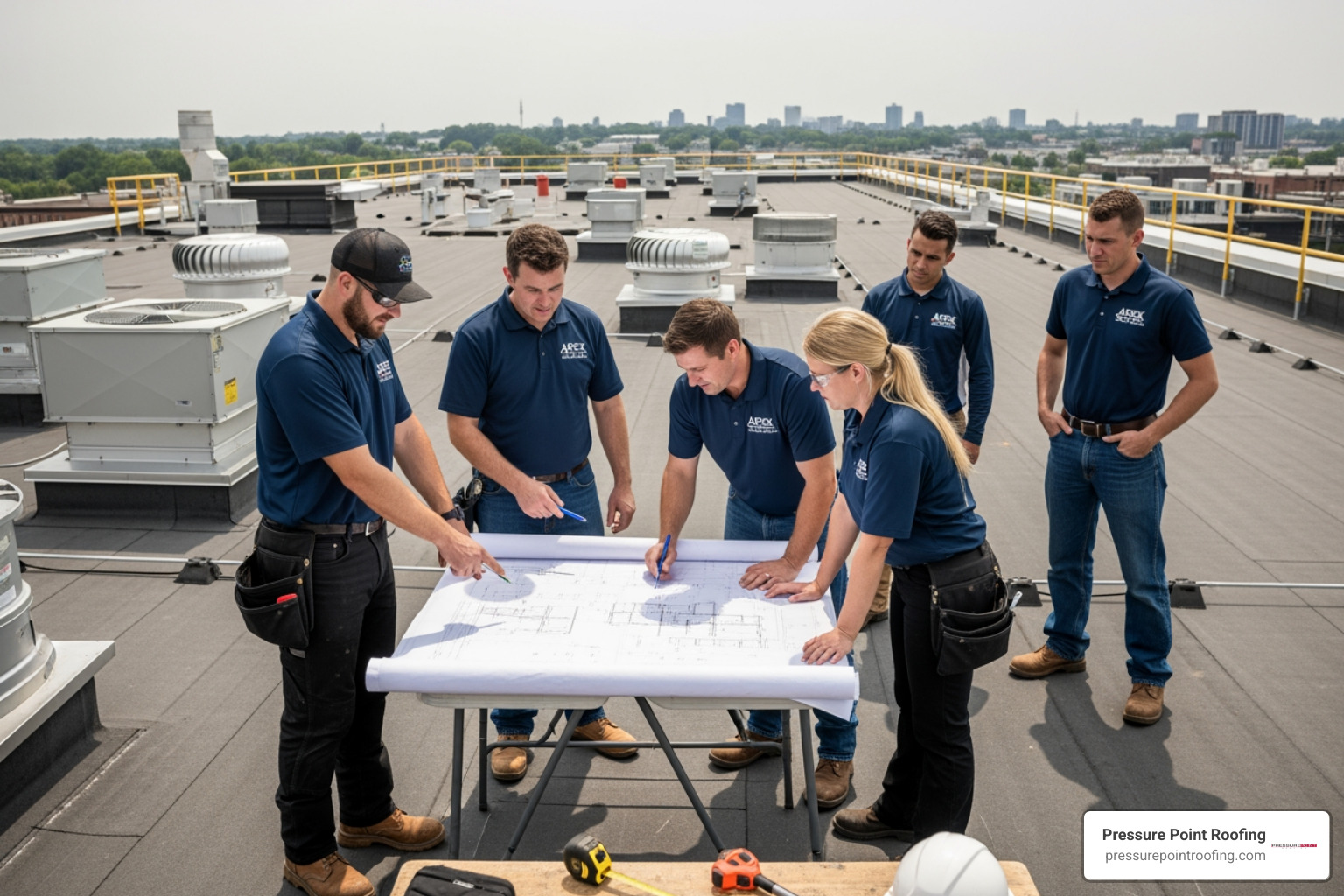 group of professional roofing contractors reviewing plans on a commercial rooftop - commercial roofing estimates in central point, or