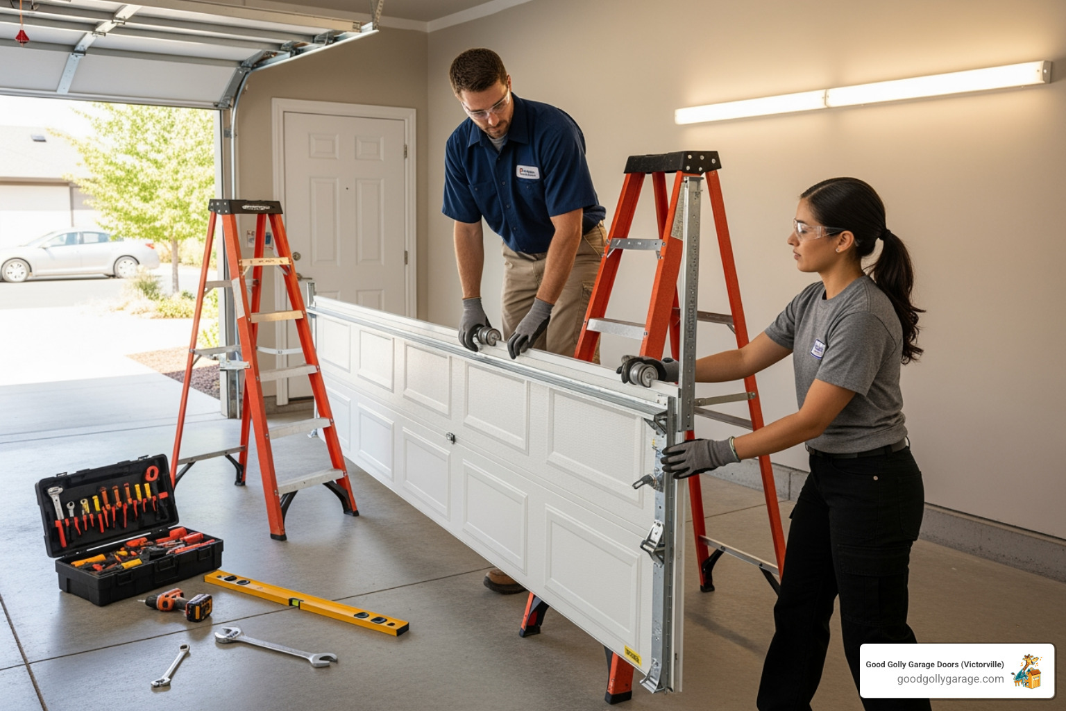technicians mounting a garage door panel onto tracks - garage door installation in oak hills ca technicians mounting a garage door panel onto tracks - garage door installation in oak hills ca