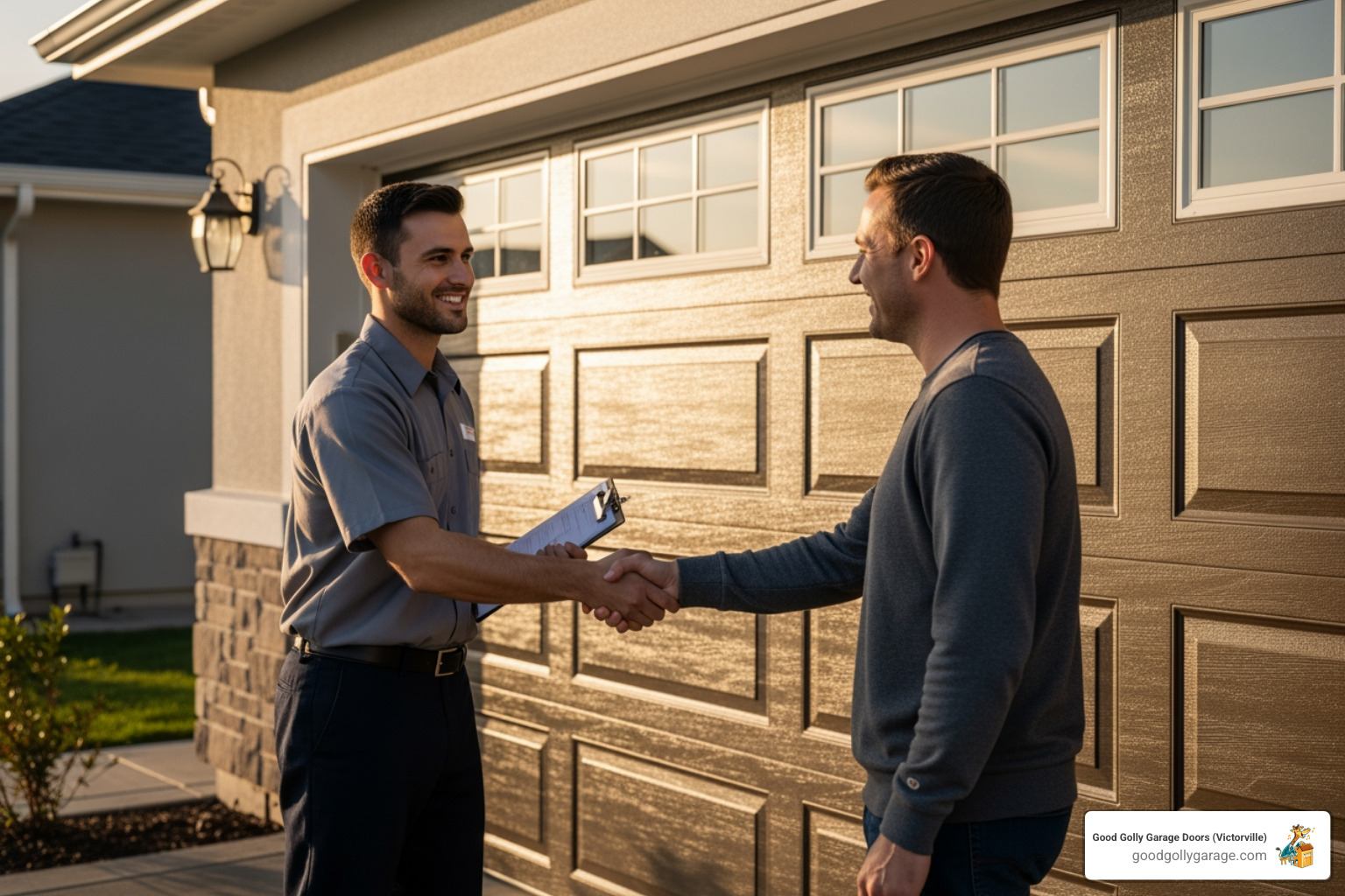 friendly technician shaking hands with a happy homeowner - garage door installation in oak hills ca friendly technician shaking hands with a happy homeowner - garage door installation in oak hills ca