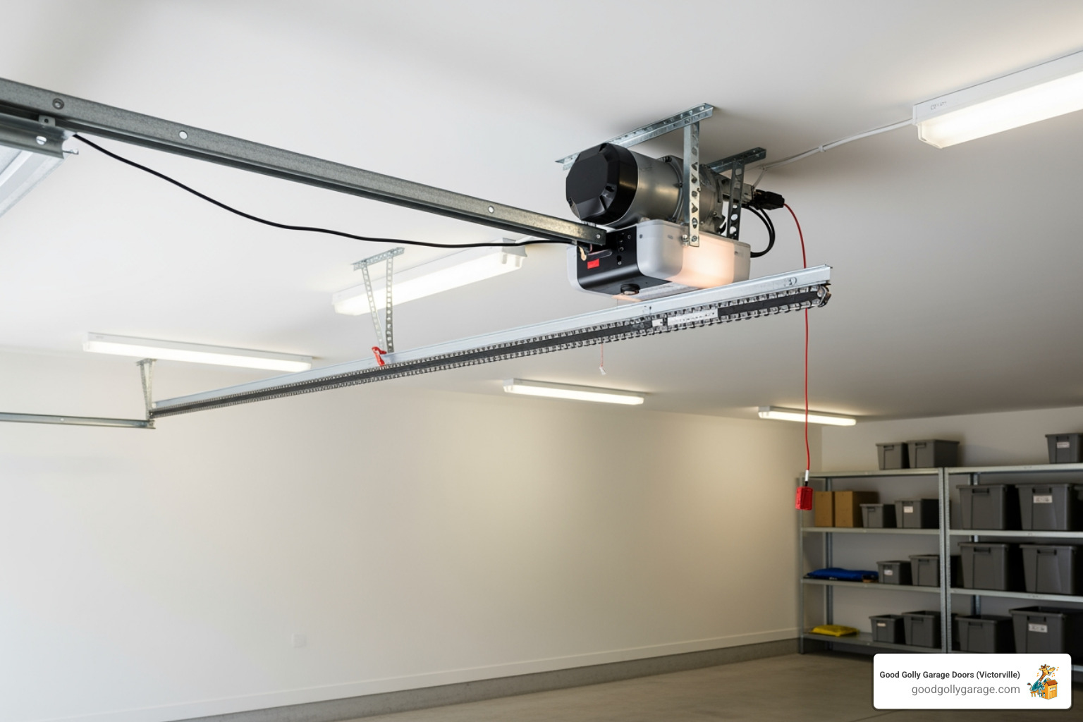 A garage door opener motor unit mounted to the ceiling of a garage, with the chain or belt drive extending towards the door - why is my broken garage door in running springs ca A garage door opener motor unit mounted to the ceiling of a garage, with the chain or belt drive extending towards the door - why is my broken garage door in running springs ca