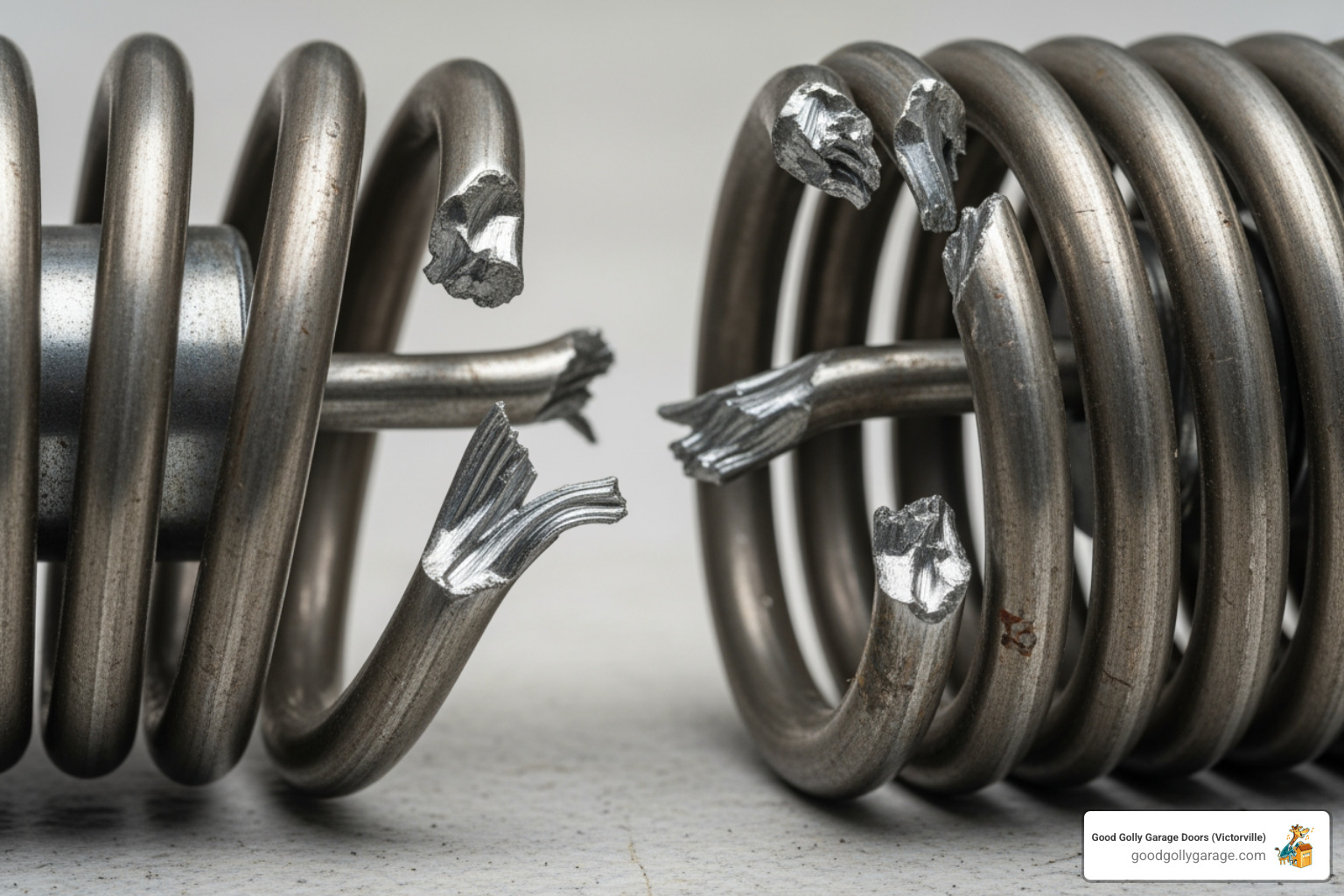 A clearly broken and dangerous-looking torsion spring, with visible signs of damage, emphasizing the hazard - why is my broken garage door in running springs ca A clearly broken and dangerous-looking torsion spring, with visible signs of damage, emphasizing the hazard - why is my broken garage door in running springs ca