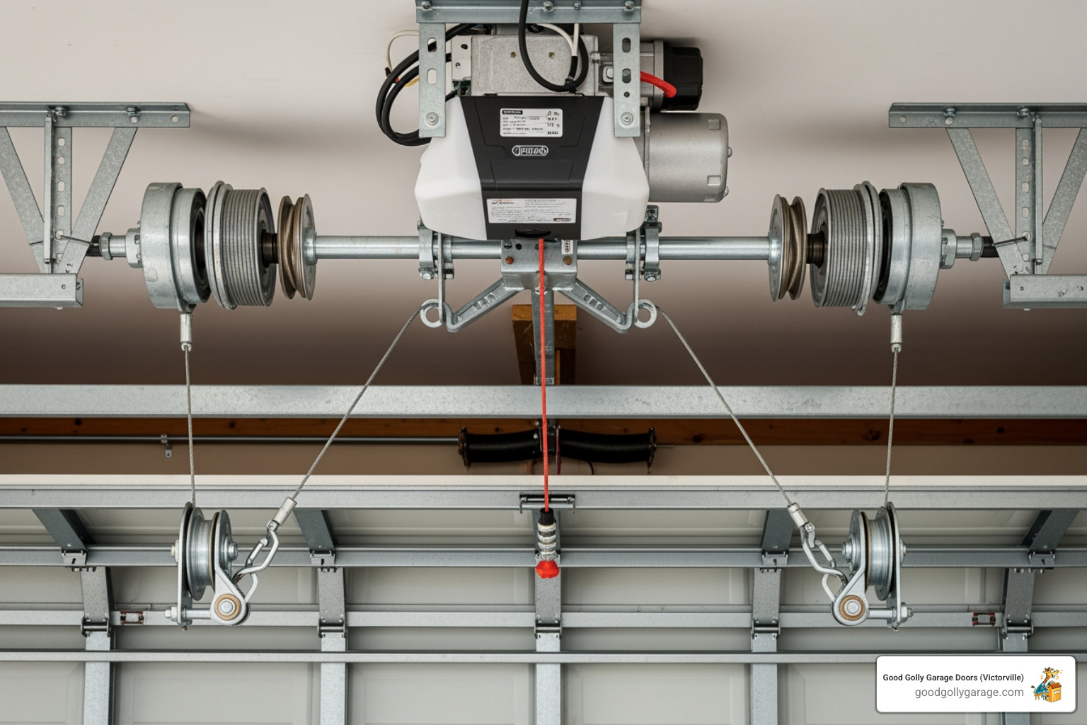 An infographic explaining the basic components of a garage door system including the opener, springs, cables, tracks, and sensors, with labels indicating common failure points for each part - why is my broken garage door in running springs ca An infographic explaining the basic components of a garage door system including the opener, springs, cables, tracks, and sensors, with labels indicating common failure points for each part - why is my broken garage door in running springs ca