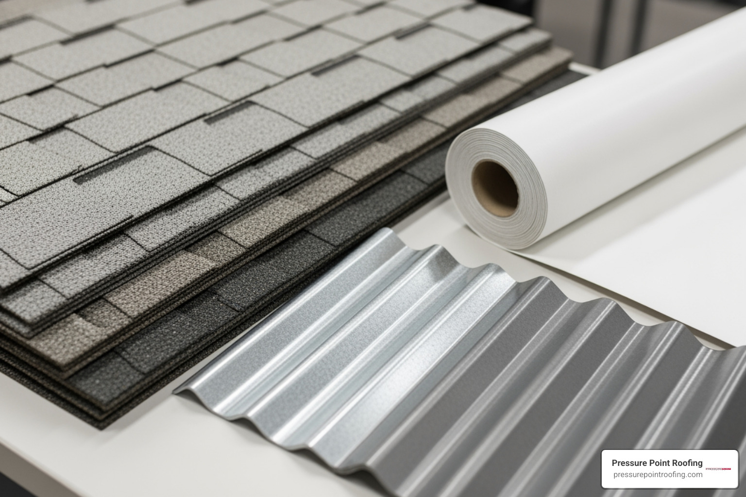 various roofing material samples like asphalt shingles, metal panels, and TPO rolls - residential commercial roofing in central point, or various roofing material samples like asphalt shingles, metal panels, and TPO rolls - residential commercial roofing in central point, or