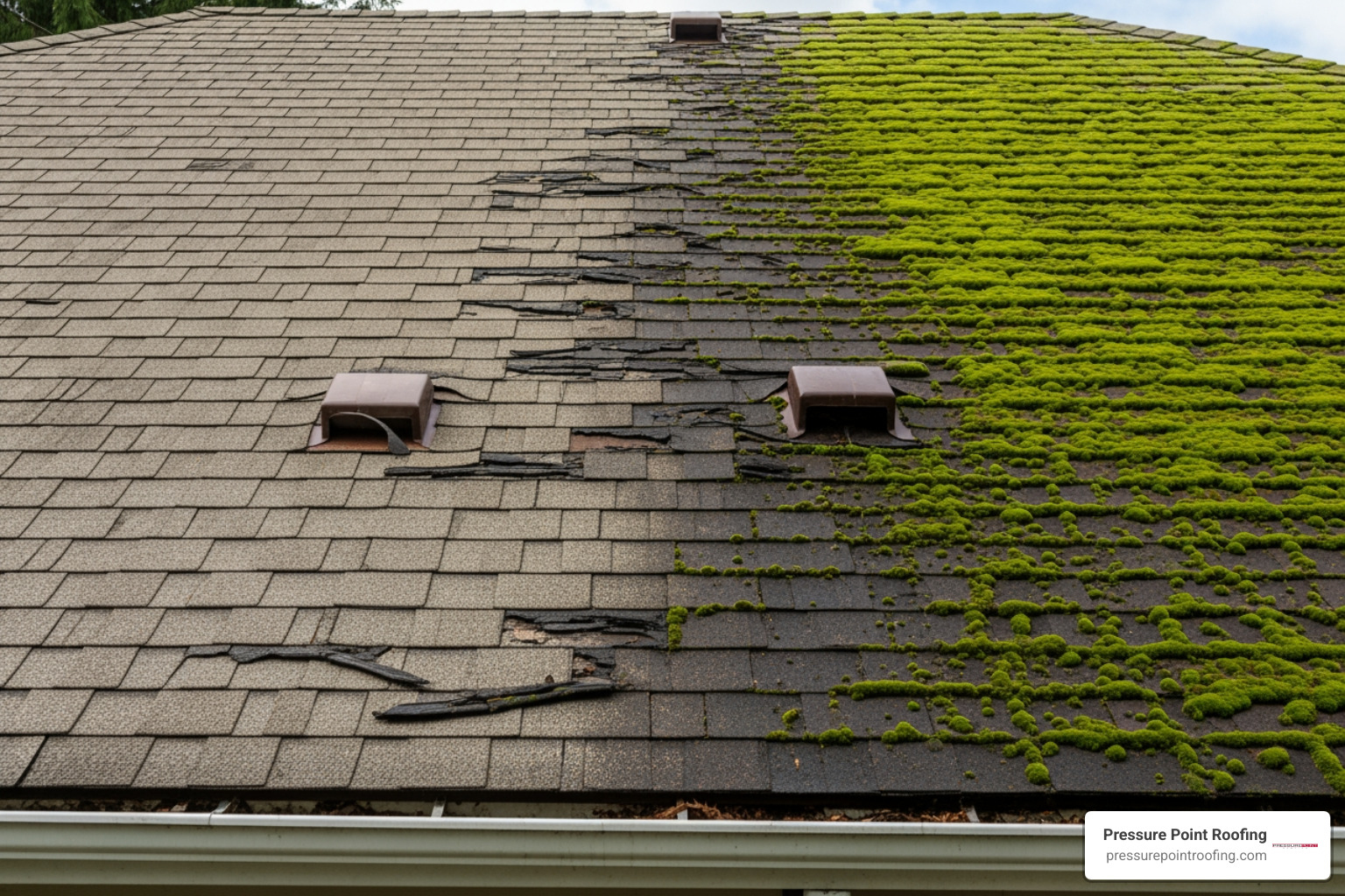 roof showing signs of sun damage and another with moss growth - residential commercial roofing in central point, or roof showing signs of sun damage and another with moss growth - residential commercial roofing in central point, or