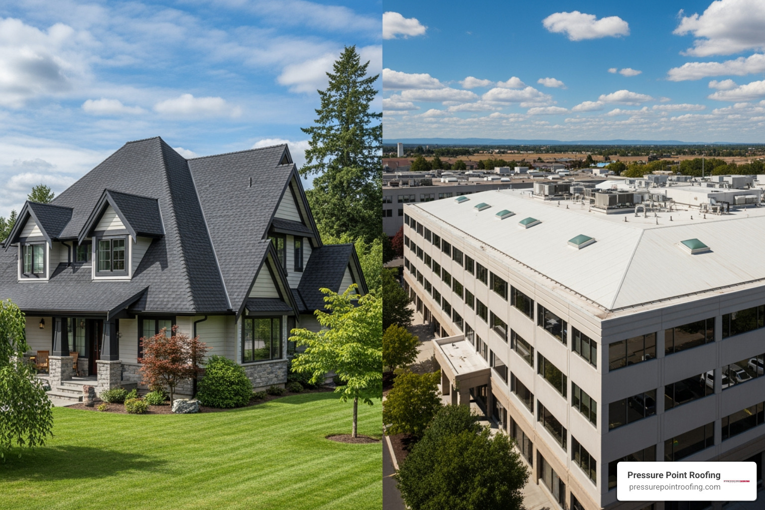 Infographic showing residential vs commercial roofing comparison: residential features pitched roofs with shingles or metal, focus on aesthetics and home protection, typical materials include composition and metal; commercial features flat or low-slope roofs with membrane systems, focus on durability and business continuity, typical materials include TPO, EPDM, and PVC; both require regular maintenance and professional installation - residential commercial roofing in central point, or Infographic showing residential vs commercial roofing comparison: residential features pitched roofs with shingles or metal, focus on aesthetics and home protection, typical materials include composition and metal; commercial features flat or low-slope roofs with membrane systems, focus on durability and business continuity, typical materials include TPO, EPDM, and PVC; both require regular maintenance and professional installation - residential commercial roofing in central point, or
