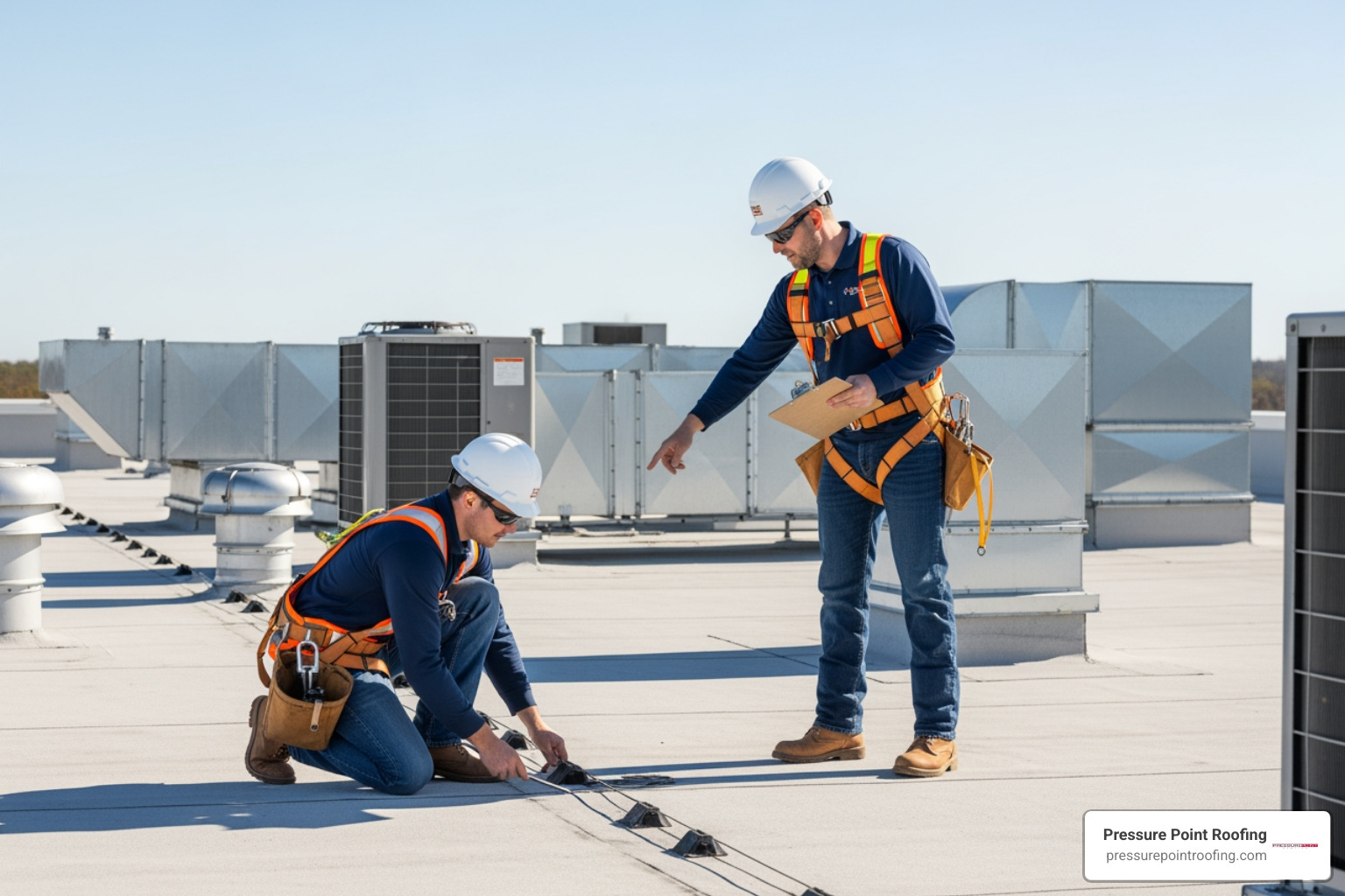 a professional roofing team conducting an inspection on a commercial roof - commercial roof maintenance company in gold hill, or