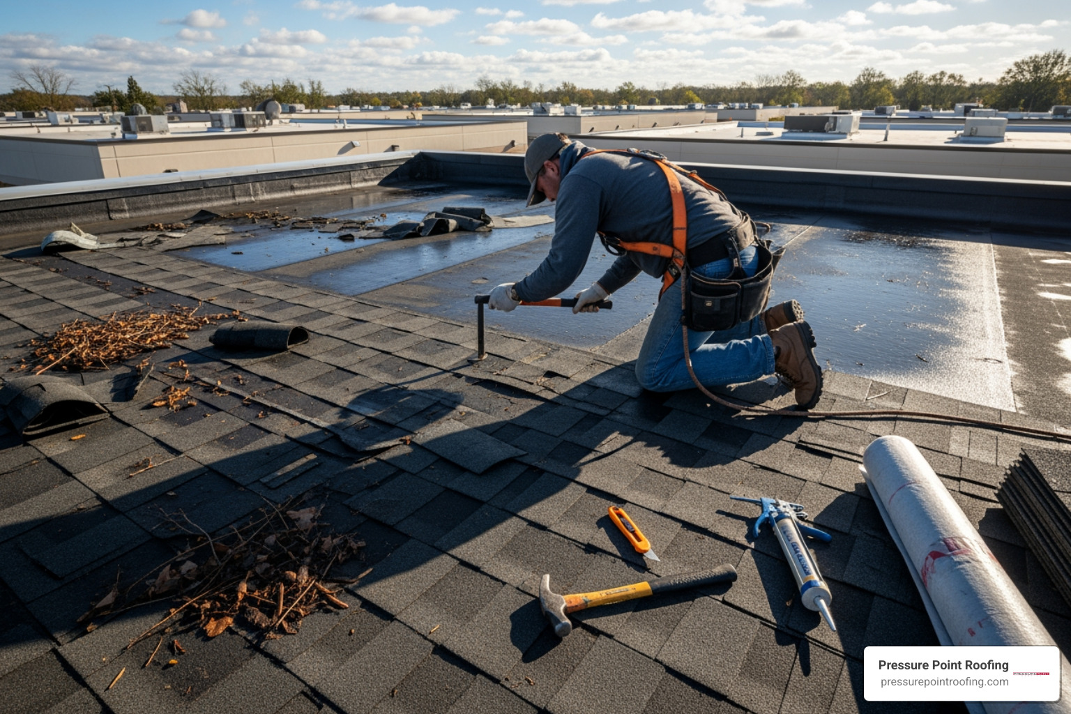 a roofer repairing storm damage on a flat roof - commercial roof maintenance company in gold hill, or