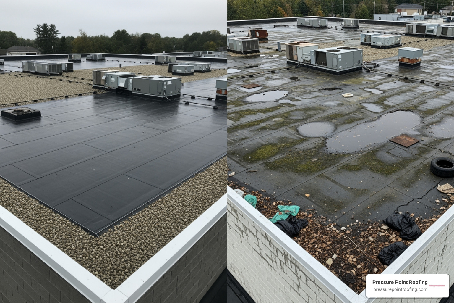 a split-screen showing a pristine roof versus a neglected, damaged roof - commercial roof maintenance company in gold hill, or