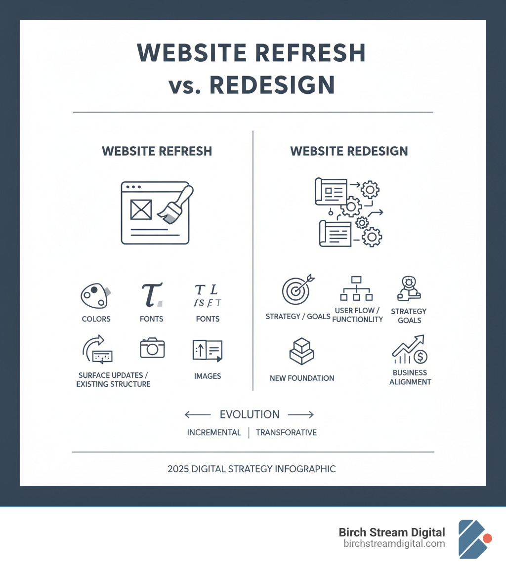 infographic showing the difference between a website refresh (surface updates like colors, fonts, images on existing structure) versus a website redesign (strategic overhaul of foundation, user flow, functionality, and business goals alignment) - web design and redesign infographic 
