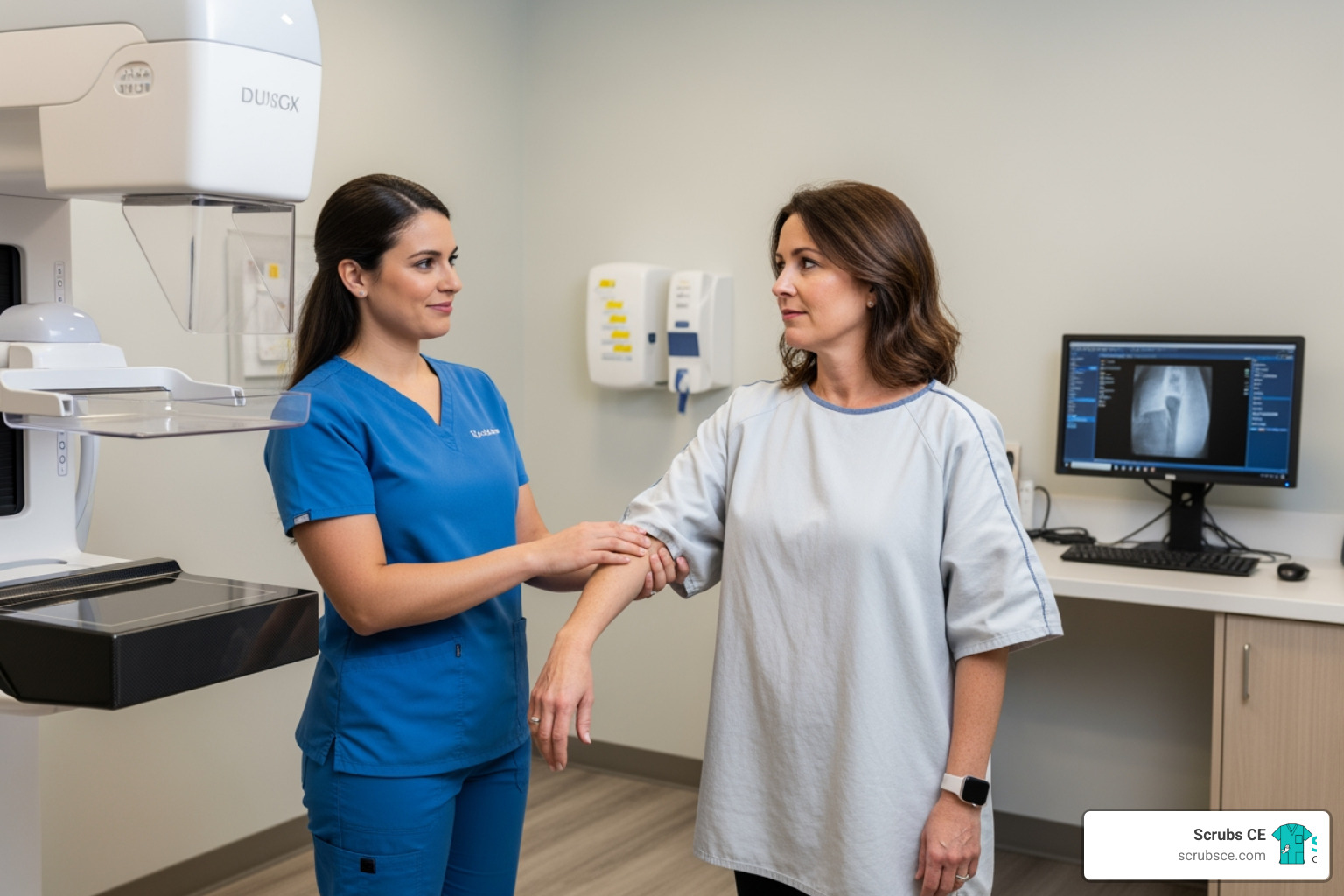 Mammography technologist compassionately assisting a patient - Mammography technologist training Mammography technologist compassionately assisting a patient - Mammography technologist training