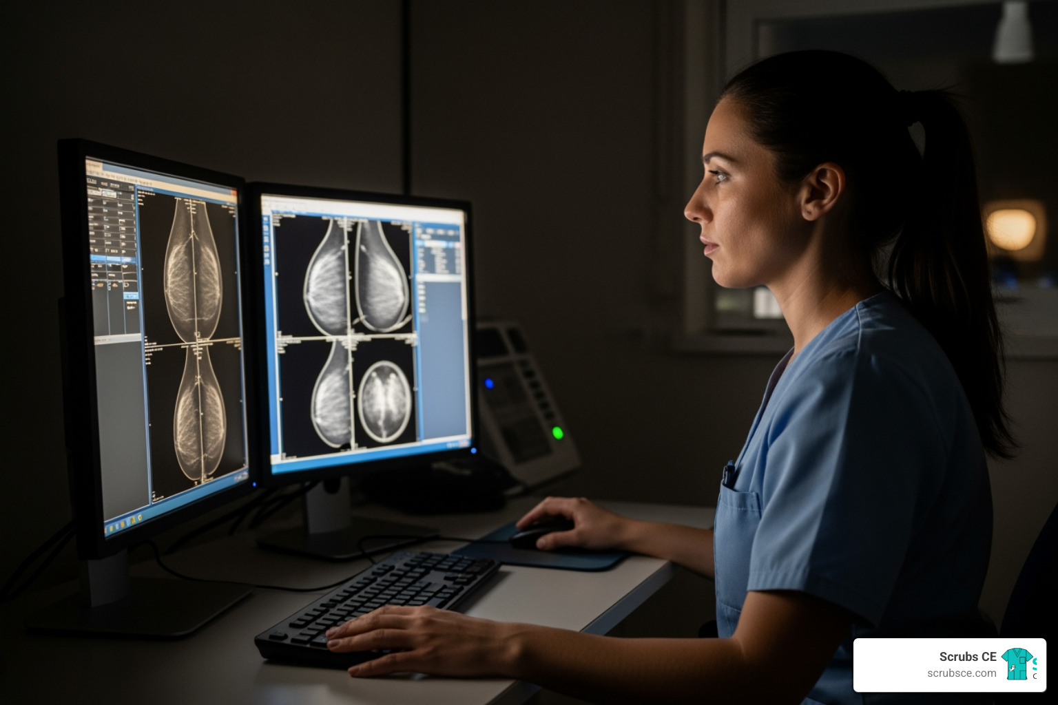 Mammography technologist reviewing images on a screen - Mammography technologist training Mammography technologist reviewing images on a screen - Mammography technologist training