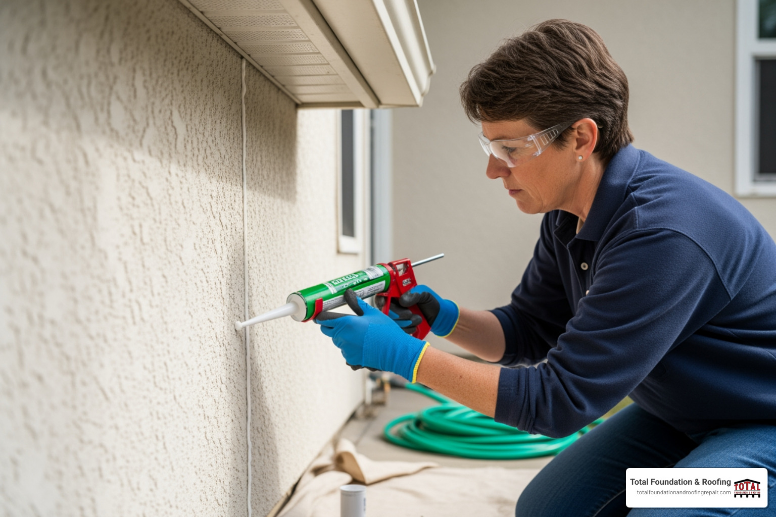 homeowner wearing safety glasses and gloves while applying elastomeric sealant to a small hairline crack - Exterior wall cracks homeowner wearing safety glasses and gloves while applying elastomeric sealant to a small hairline crack - Exterior wall cracks
