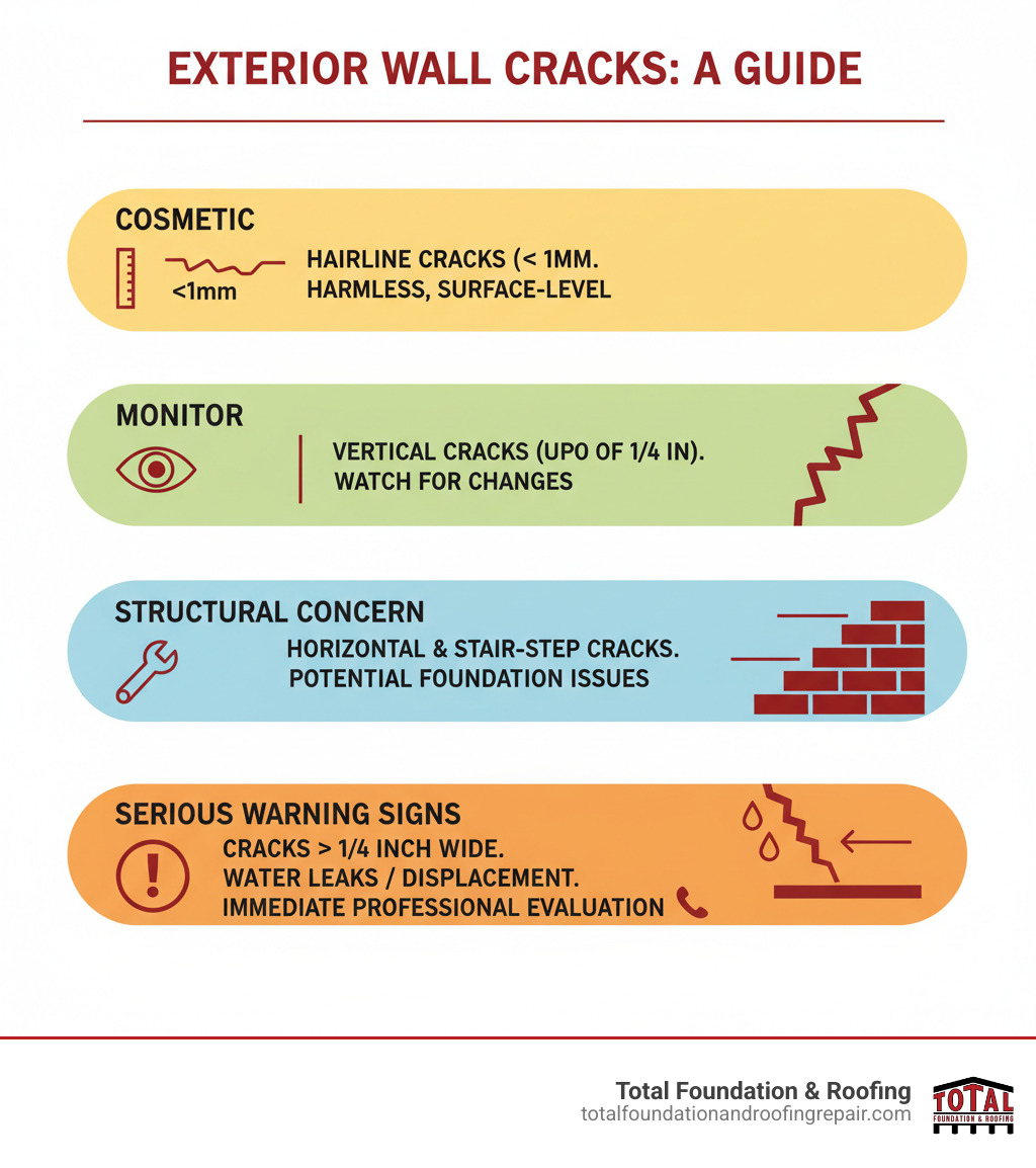 Infographic showing the difference between cosmetic and structural exterior wall cracks: hairline cracks less than 1mm wide labeled as cosmetic, vertical cracks up to 1/4 inch as monitor, horizontal cracks and diagonal stair-step cracks labeled as structural concerns, cracks wider than 1/4 inch with displacement or water intrusion marked as serious warning signs requiring immediate professional evaluation - Exterior wall cracks infographic Infographic showing the difference between cosmetic and structural exterior wall cracks: hairline cracks less than 1mm wide labeled as cosmetic, vertical cracks up to 1/4 inch as monitor, horizontal cracks and diagonal stair-step cracks labeled as structural concerns, cracks wider than 1/4 inch with displacement or water intrusion marked as serious warning signs requiring immediate professional evaluation - Exterior wall cracks infographic