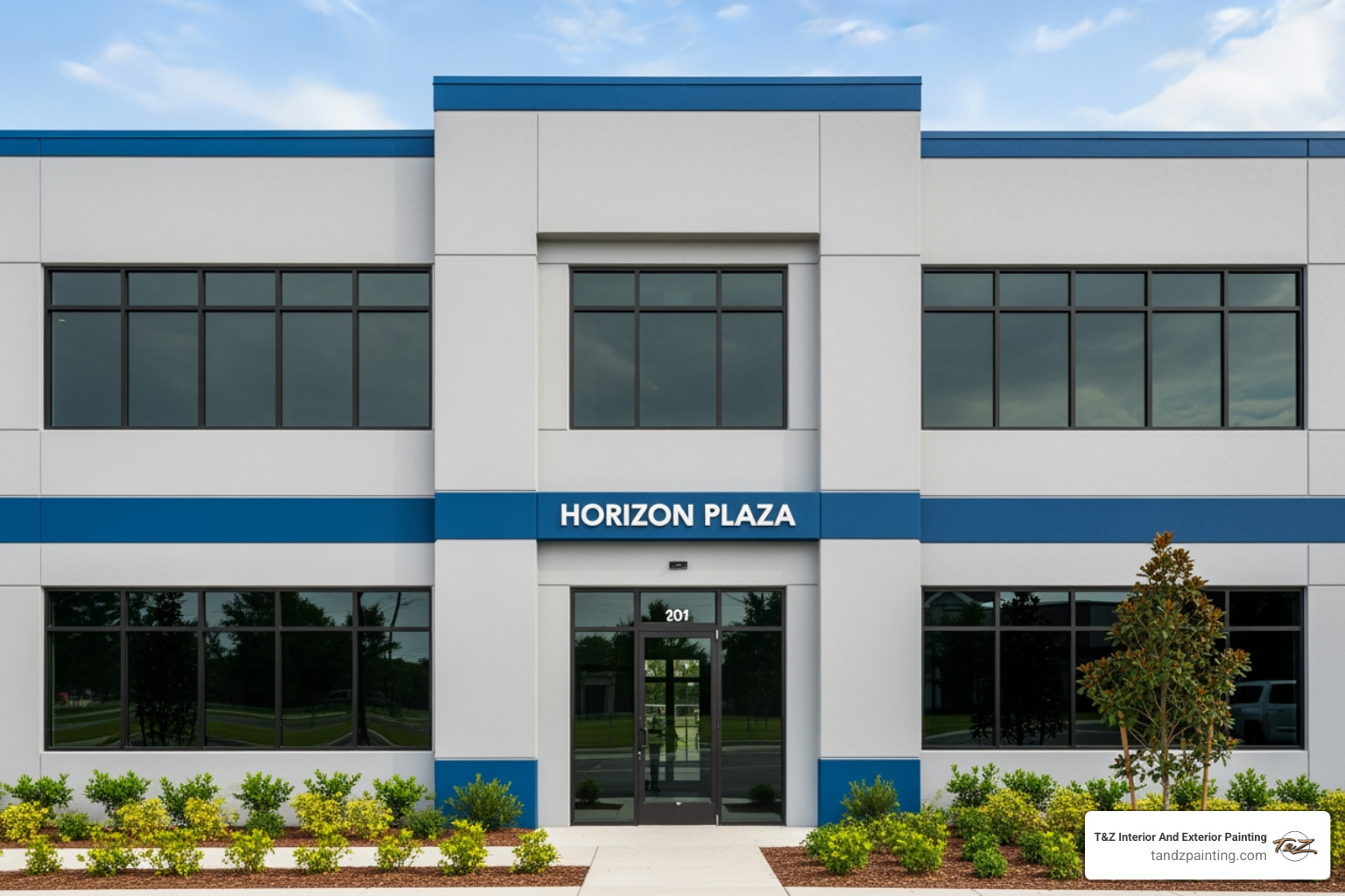 A freshly painted commercial building exterior, showcasing a clean, modern look - spray painting services