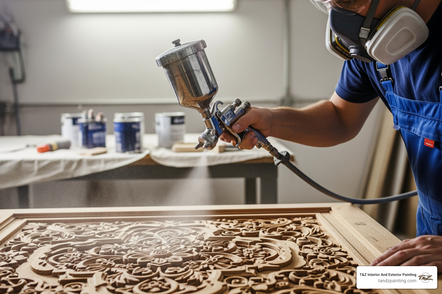 A professional painter using a spray gun on a detailed surface, illustrating precision - spray painting services