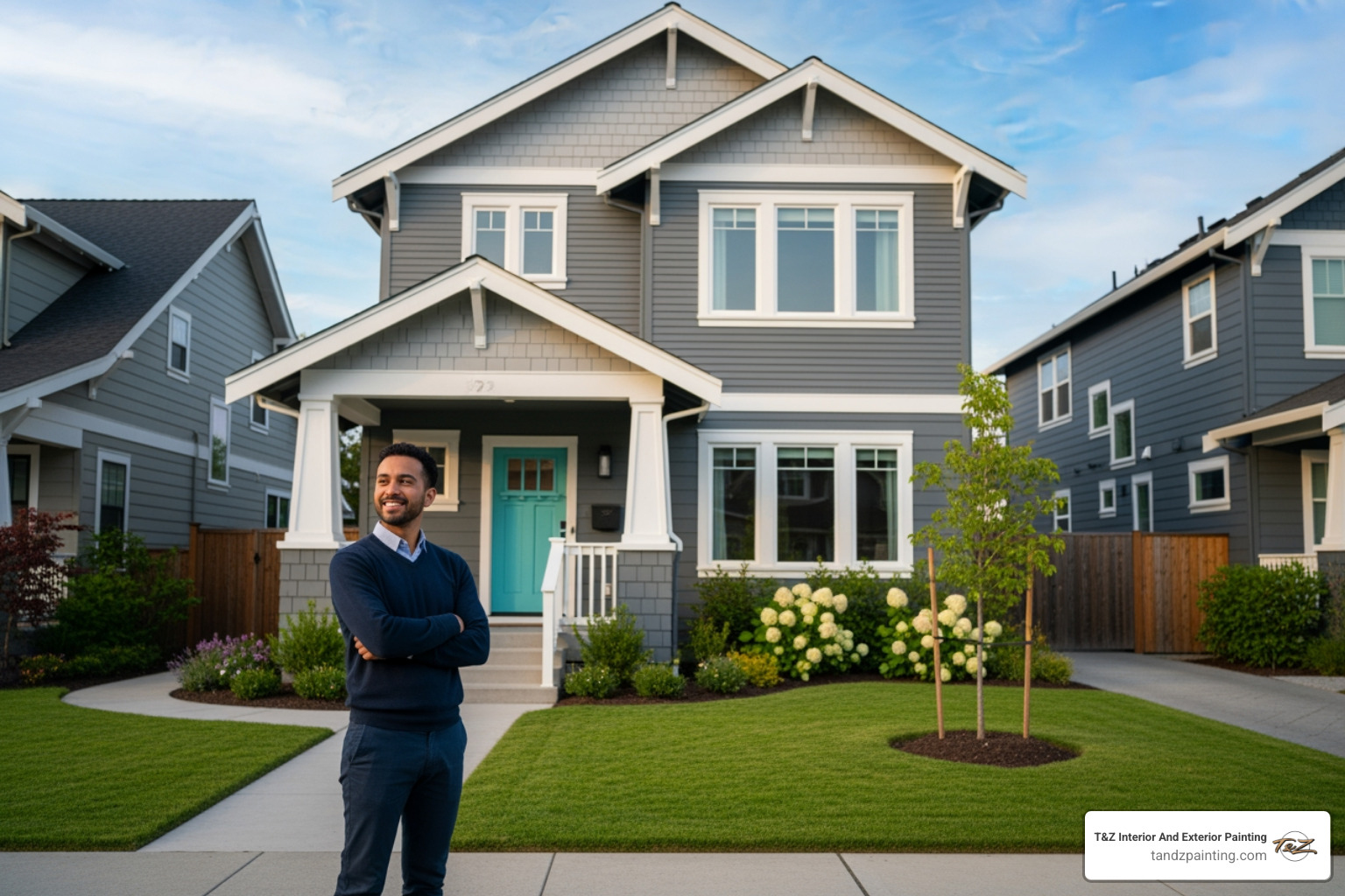 A satisfied homeowner admiring their newly painted home, showcasing renewed curb appeal - spray painting services