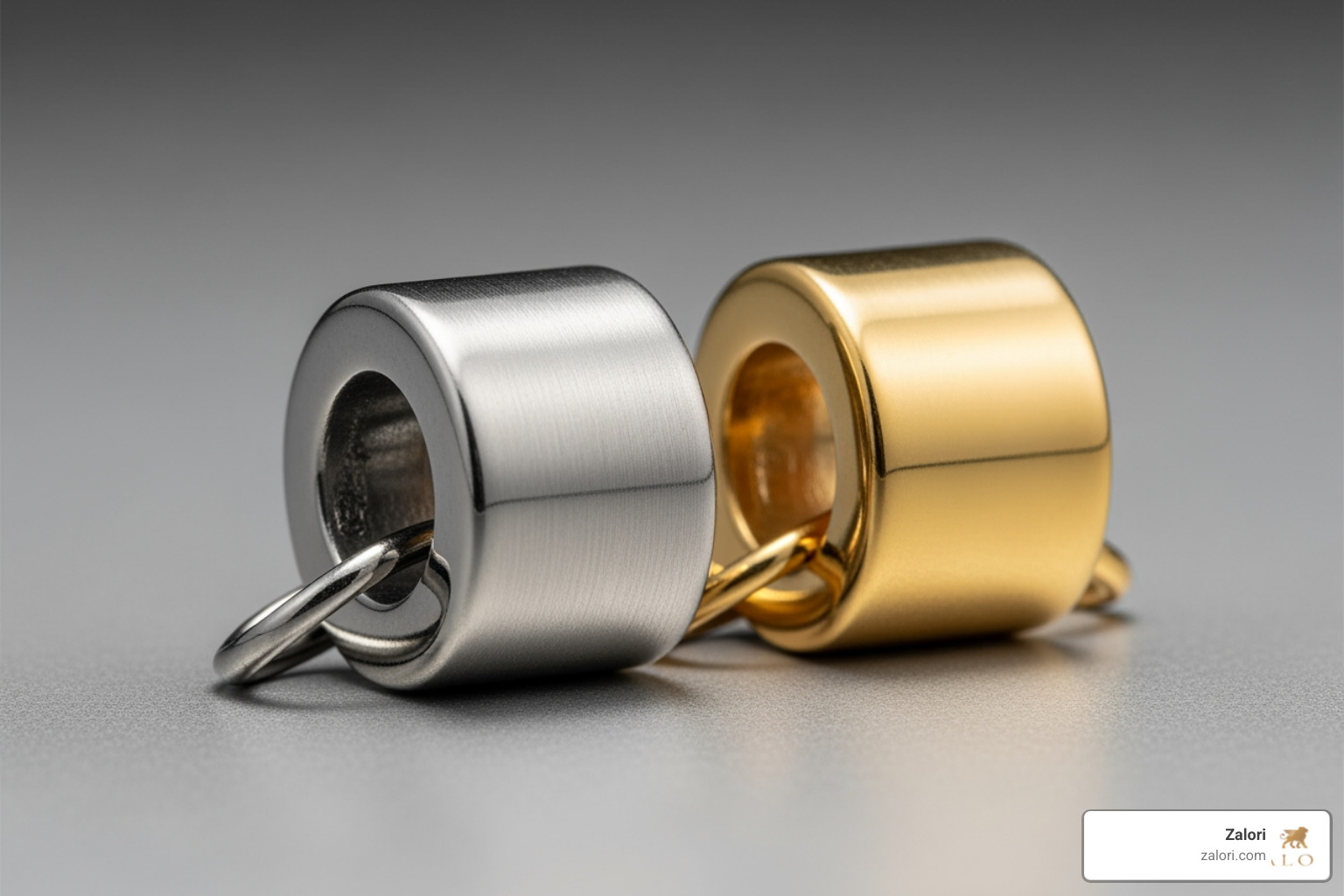 close-up of a high-quality stainless steel charm next to a gold-plated one - charms italian charm close-up of a high-quality stainless steel charm next to a gold-plated one - charms italian charm