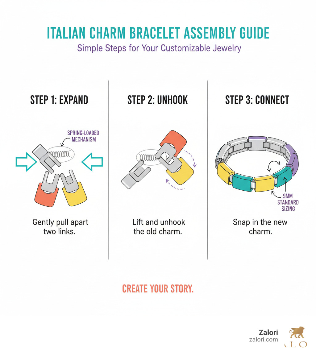 infographic showing how to assemble an italian charm bracelet: step 1 shows expanding the bracelet links, step 2 shows unhooking two charms to separate them, step 3 shows inserting and connecting the new charm, with annotations for the spring-loaded mechanism and 9mm standard sizing - charms italian charm infographic infographic showing how to assemble an italian charm bracelet: step 1 shows expanding the bracelet links, step 2 shows unhooking two charms to separate them, step 3 shows inserting and connecting the new charm, with annotations for the spring-loaded mechanism and 9mm standard sizing - charms italian charm infographic