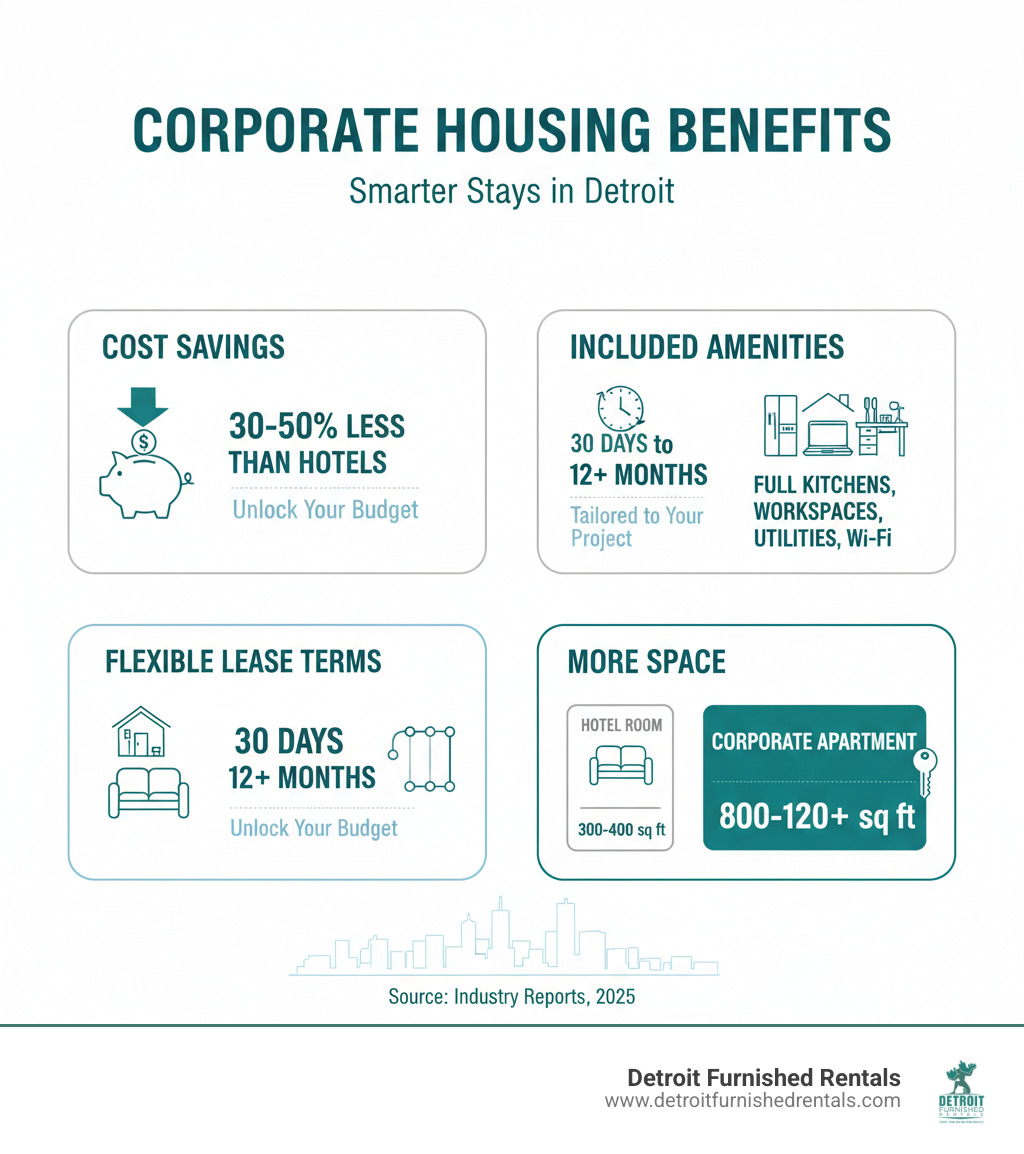 infographic showing corporate housing benefits including cost savings of 30-50% vs hotels, flexible lease terms from 30 days to 12+ months, included amenities like full kitchens and workspaces, and average square footage comparison between hotel rooms and corporate apartments - Corporate housing Detroit infographic 