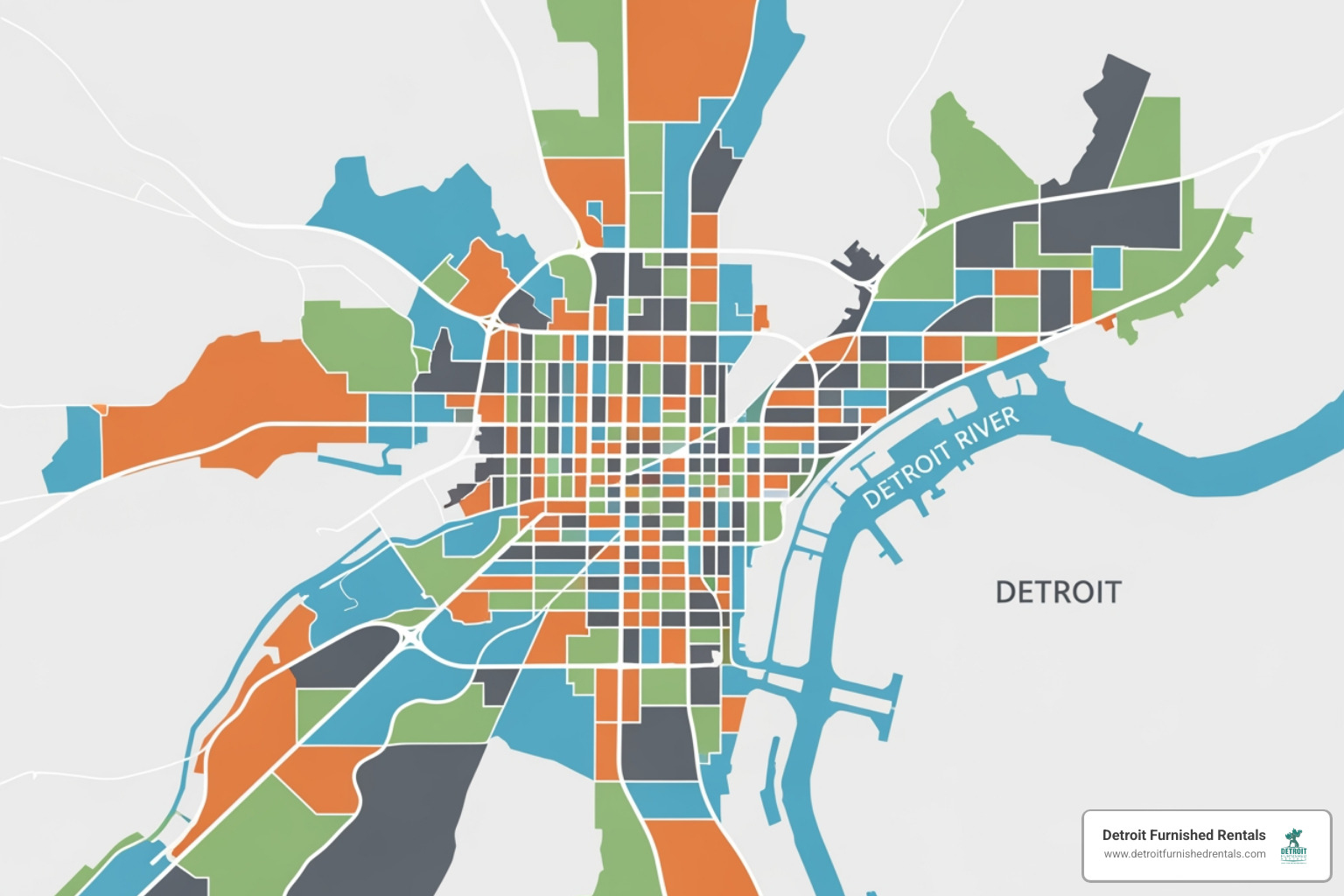 map highlighting key Detroit neighborhoods - Corporate housing Detroit