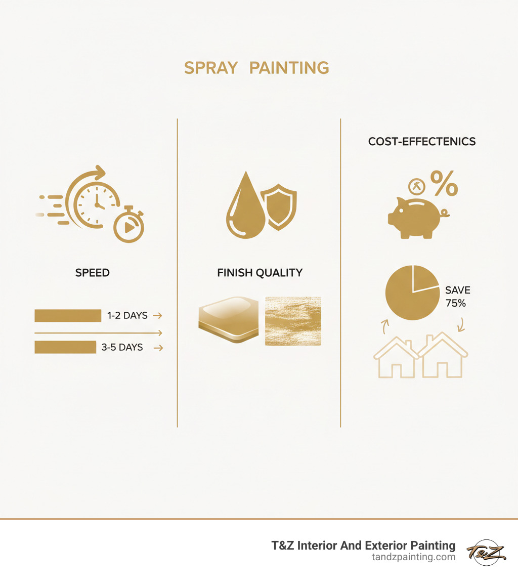 Infographic showing three main benefits of spray painting services: Speed - projects completed in 1-2 days versus 3-5 days with traditional methods; Finish Quality - ultra-smooth factory-grade finish that's more durable than brush or roller application; Cost-Effectiveness - save up to 75% compared to replacement costs while achieving like-new appearance - spray painting services infographic 