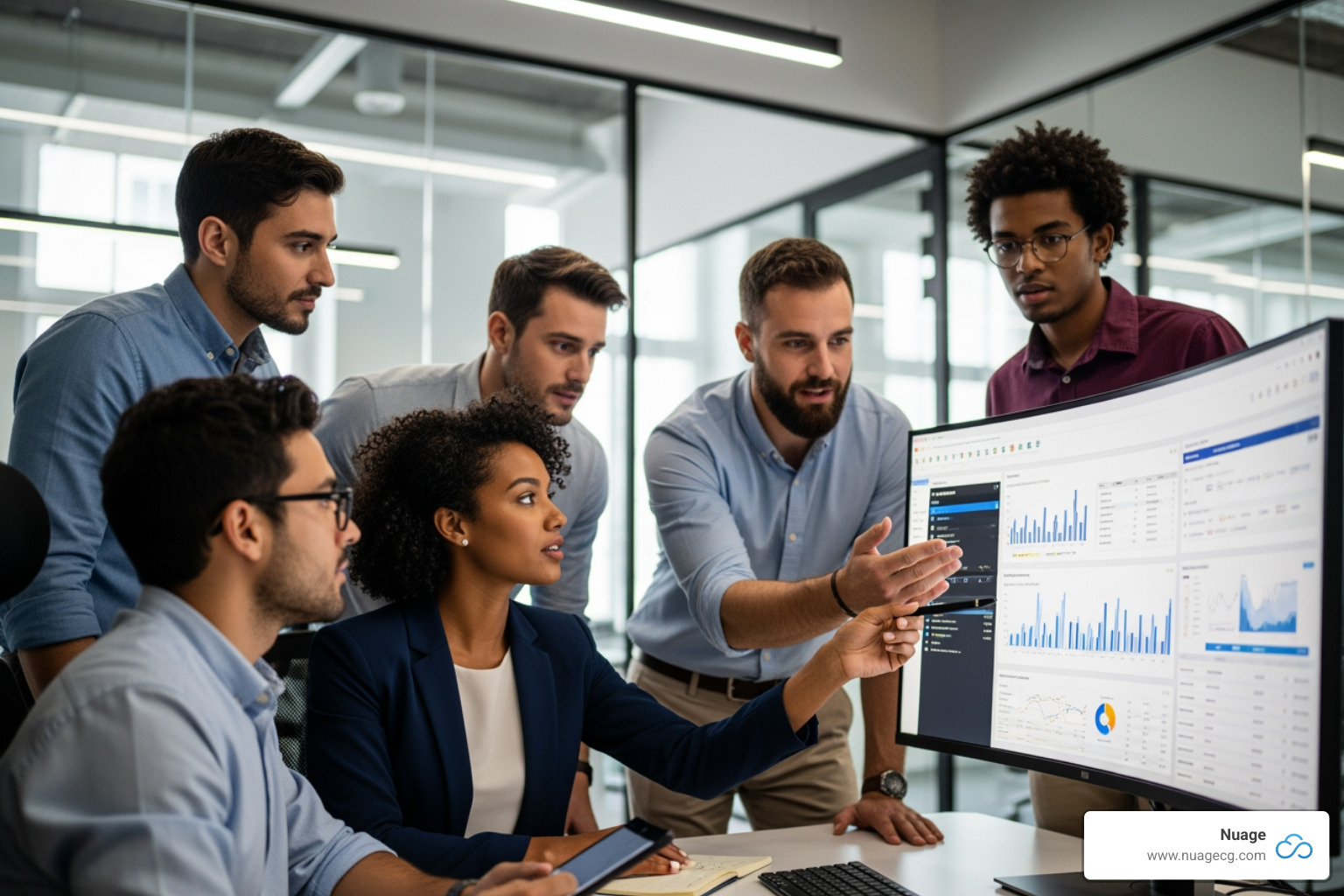 team collaborating around an ERP interface - ERP food processing software