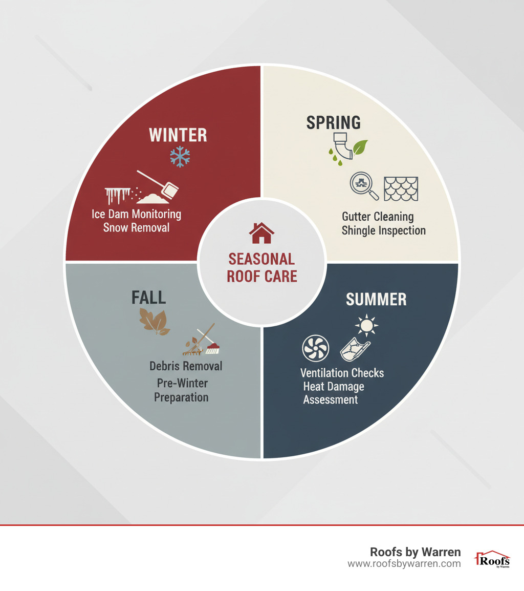 infographic showing a circular calendar divided into four seasons with specific maintenance tasks listed for each season: Spring tasks include gutter cleaning and shingle inspection, Summer tasks show ventilation checks and heat damage assessment, Fall tasks highlight debris removal and pre-winter preparation, and Winter tasks emphasize ice dam monitoring and snow removal - roofing maintenance tips for all seasons infographic 