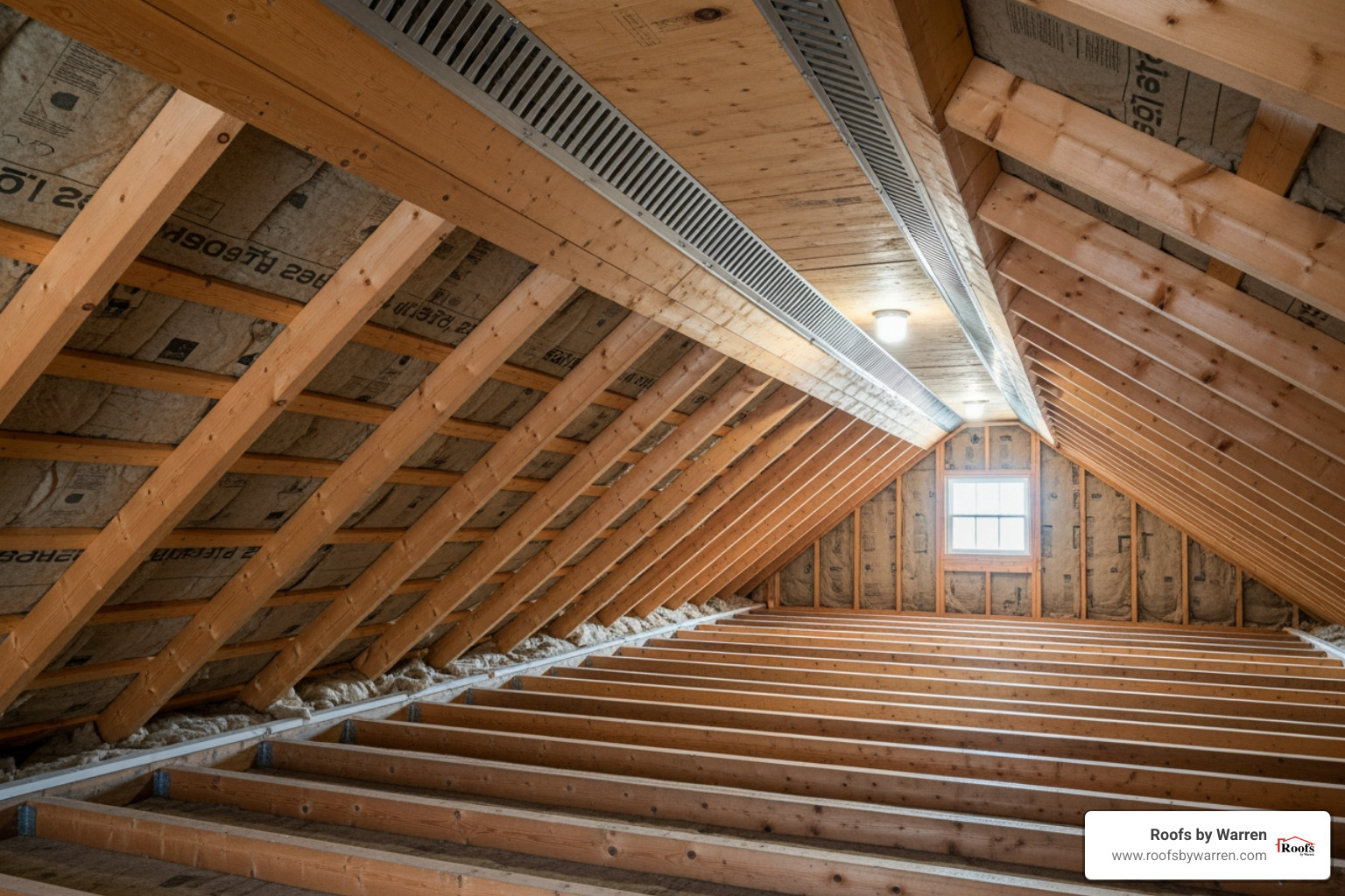 a well-ventilated attic space showing soffit and ridge vents - roofing maintenance tips for all seasons