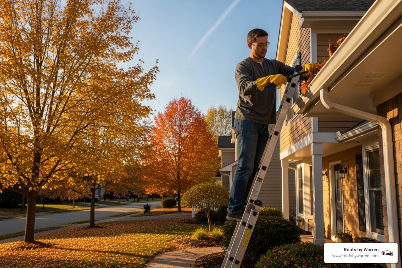 a homeowner cleaning leaves out of a gutter with proper safety gear - roofing maintenance tips for all seasons