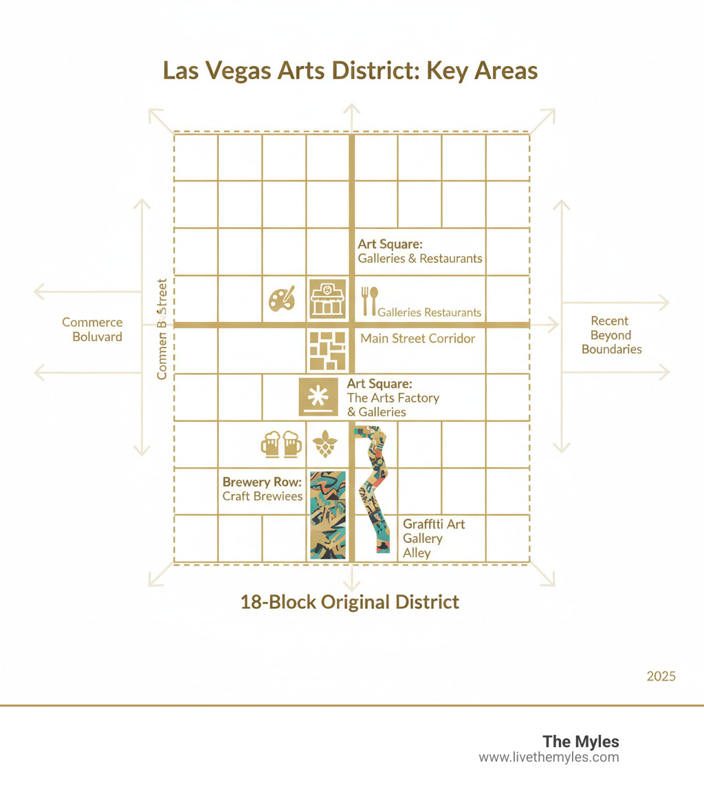 Infographic showing the key areas of the Las Vegas Arts District: Main Street corridor running north-south as the central hub with galleries and restaurants; Charleston Boulevard as the main east-west artery; Art Square near Main and Charleston featuring The Arts Factory and multiple galleries; Brewery Row along Main Street with craft breweries within walking distance; Commerce Street on the western edge; and the Graffiti Art Gallery Alley showcasing outdoor murals. The 18-block original district is highlighted, with notes showing recent expansion beyond these boundaries. - las vegas arts district infographic 