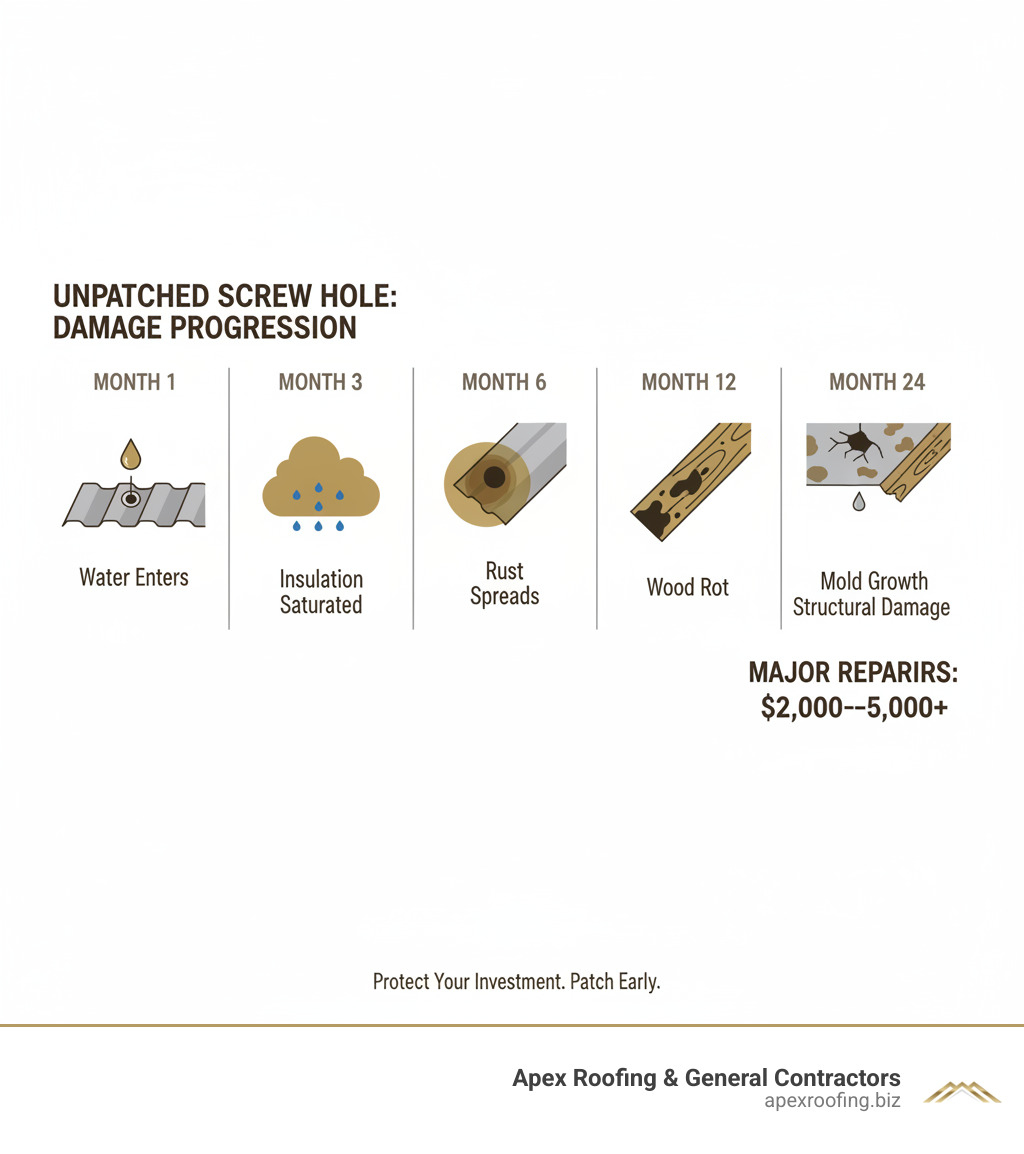 infographic showing damage progression from unpatched screw hole - patch screw holes in metal roof infographic 