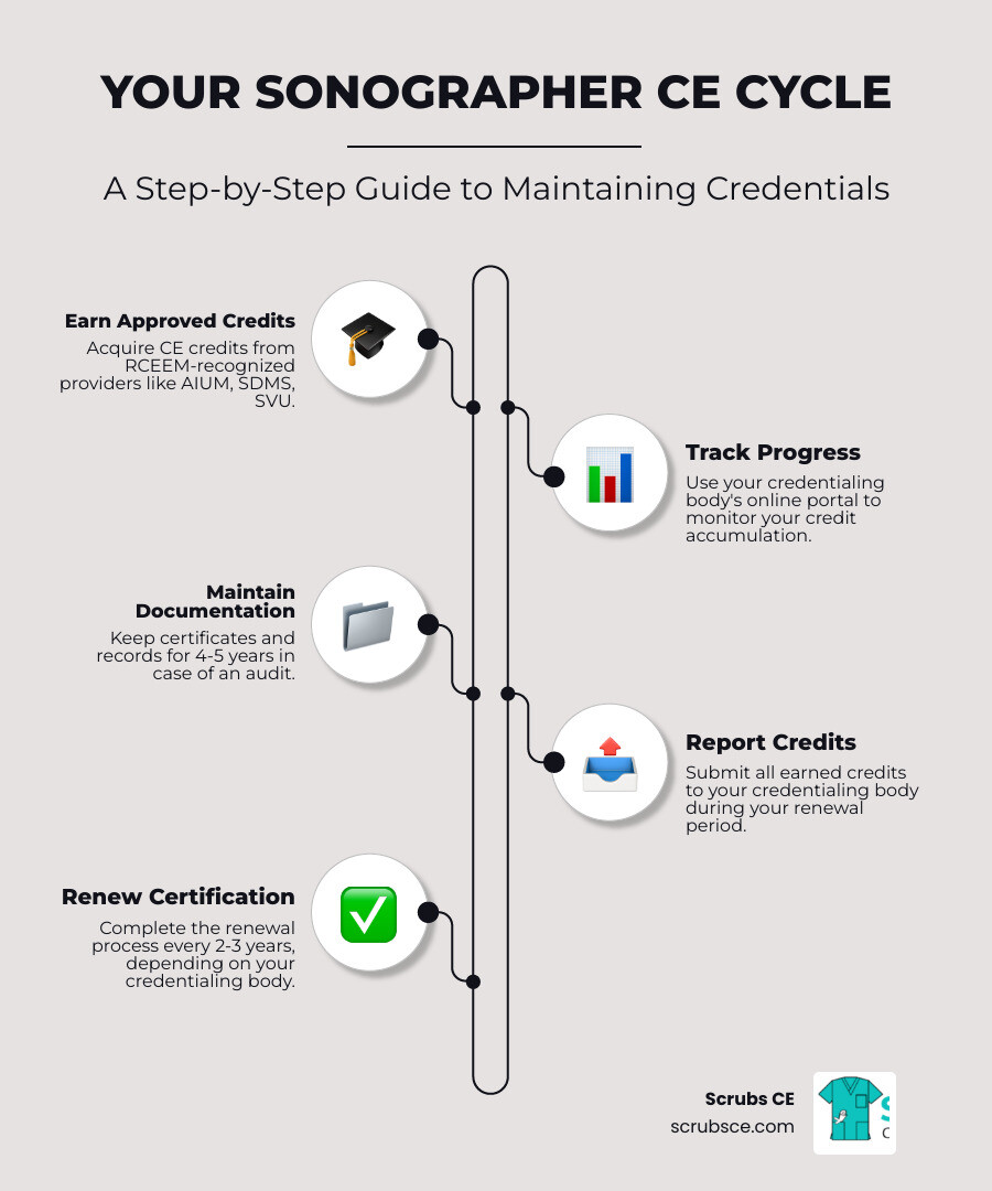 infographic showing CE cycle: Earn approved credits from RCEEM providers, track progress in online portal, maintain documentation for audits, report credits during renewal period, renew certification every 2-3 years depending on credentialing body - CE for sonographers infographic infographic-line-5-steps-elegant_beige