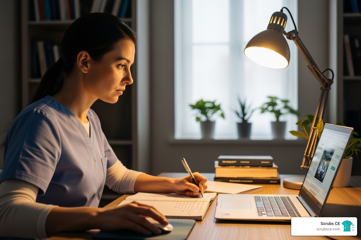 sonographer using a laptop to complete an online CE course - CE for sonographers
