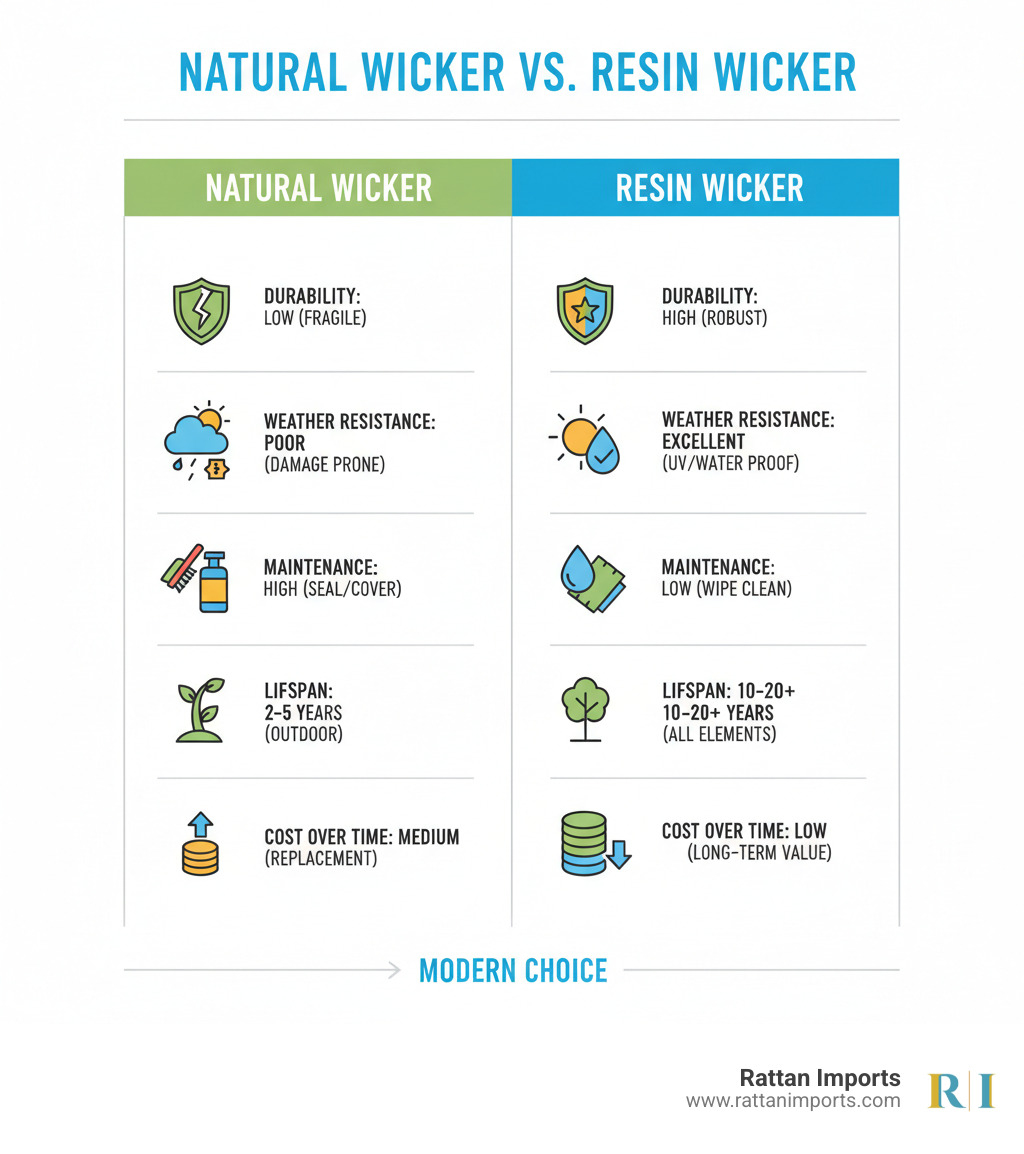 infographic showing comparison between natural wicker and resin wicker including durability ratings, weather resistance, maintenance requirements, lifespan expectations, and cost over time - resin wicker lounge chair infographic infographic showing comparison between natural wicker and resin wicker including durability ratings, weather resistance, maintenance requirements, lifespan expectations, and cost over time - resin wicker lounge chair infographic