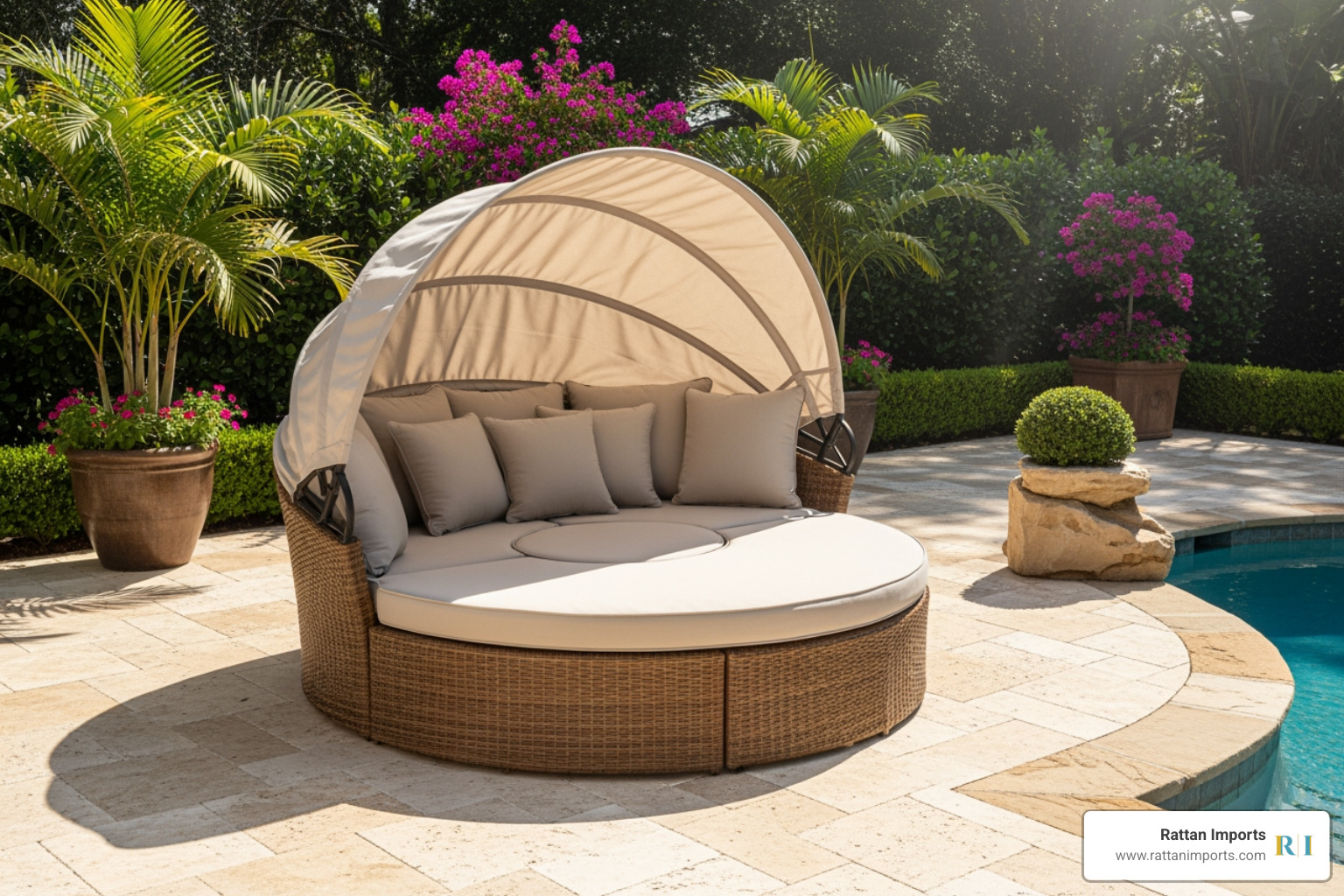 an oversized, round resin wicker daybed with a retractable canopy and plush pillows - resin wicker lounge chair an oversized, round resin wicker daybed with a retractable canopy and plush pillows - resin wicker lounge chair