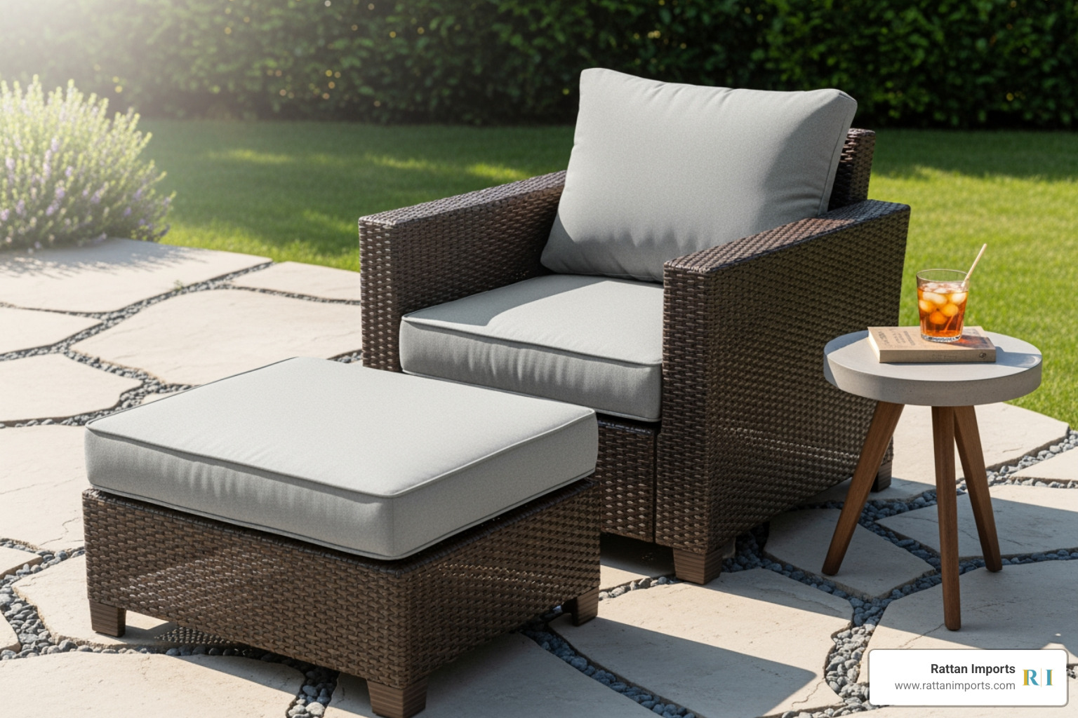 a modern, deep-seated resin wicker lounge chair with a matching ottoman on a stylish patio - resin wicker lounge chair a modern, deep-seated resin wicker lounge chair with a matching ottoman on a stylish patio - resin wicker lounge chair