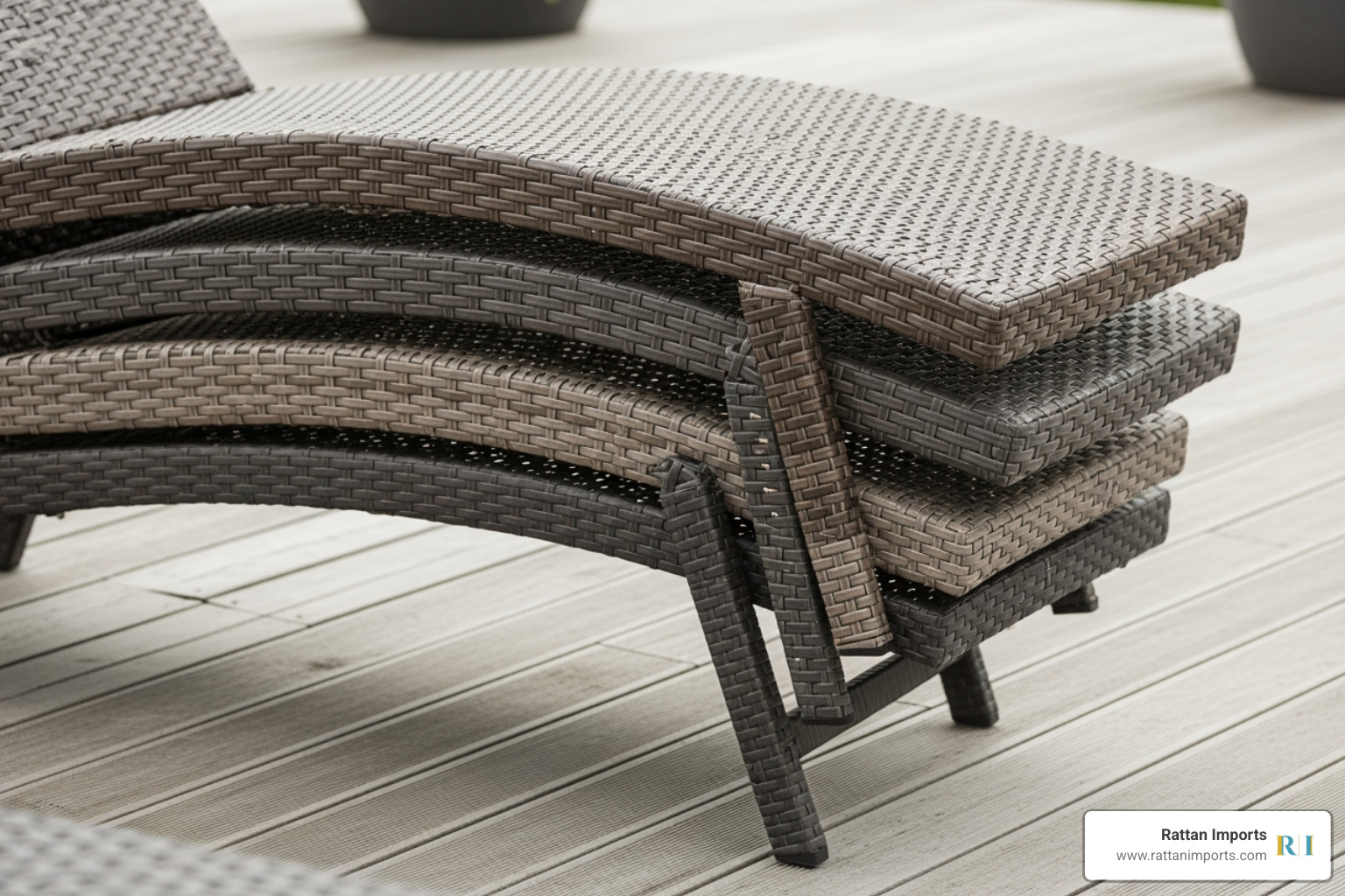 three resin wicker chaise lounges neatly stacked for storage - resin wicker lounge chair three resin wicker chaise lounges neatly stacked for storage - resin wicker lounge chair