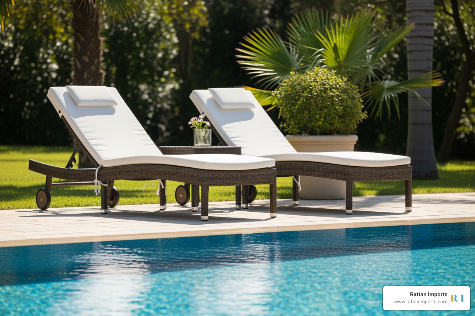 a pair of resin wicker lounge chairs next to a sparkling swimming pool - resin wicker lounge chair a pair of resin wicker lounge chairs next to a sparkling swimming pool - resin wicker lounge chair